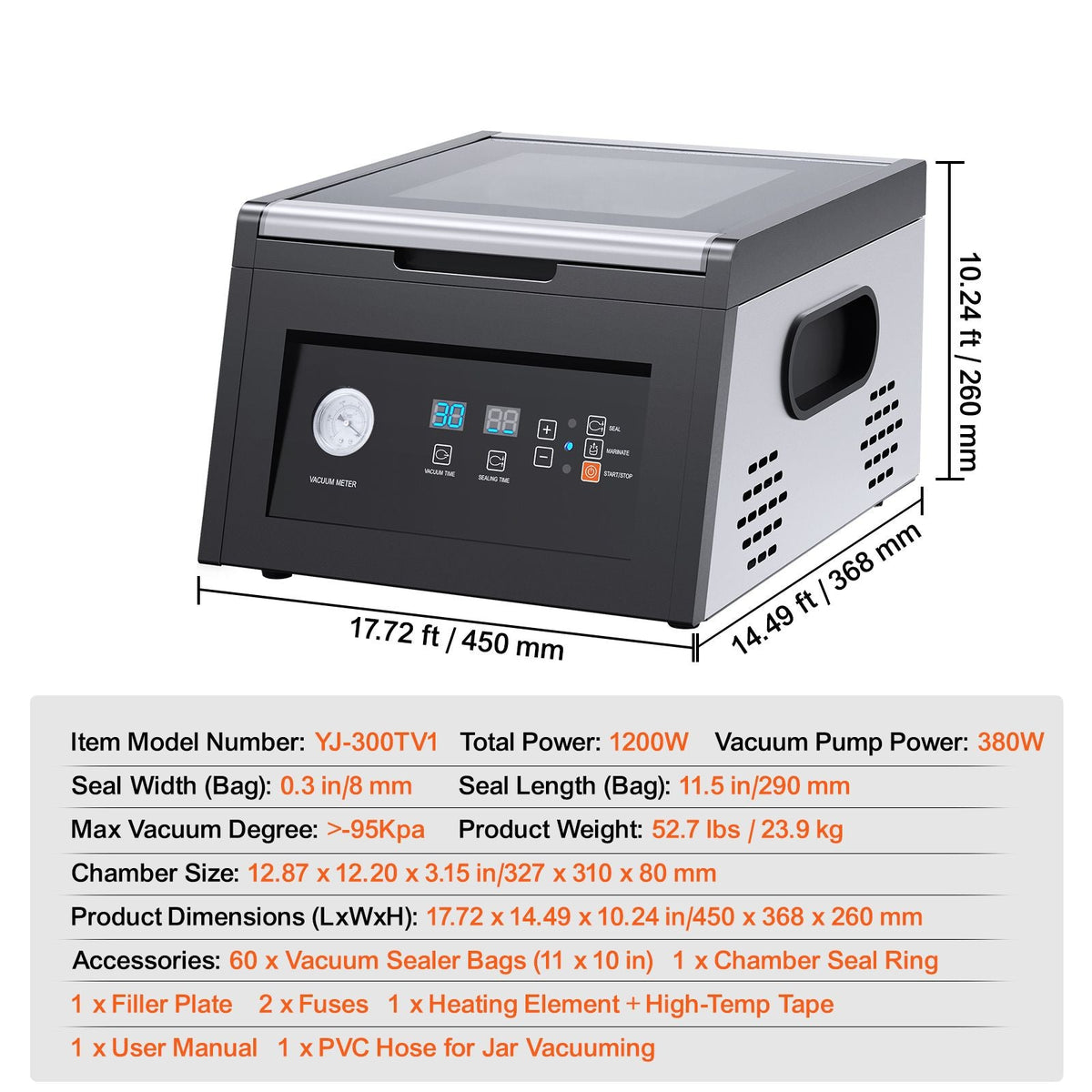 Chamber Vacuum Sealer, 380W Vacuum Pump Power, Vacuum Packing Machine for Wet Foods, Meat, Compact Design with 11.5" Sealing Length, Ideal Commercial Vacuum Sealer for Professional and Home Use