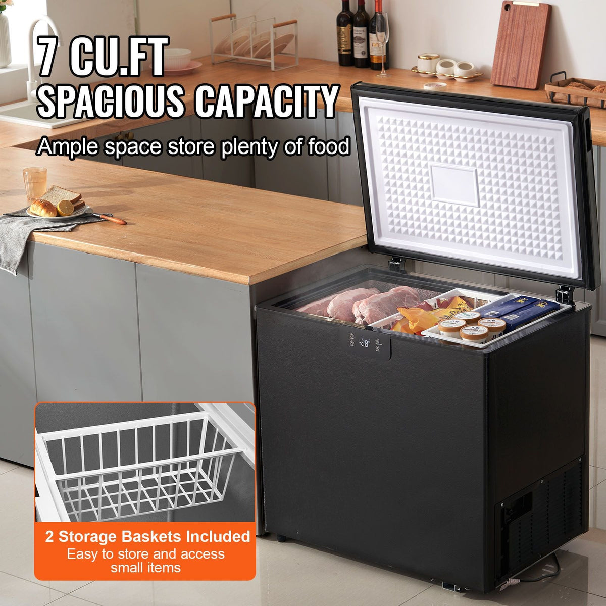 Chest Freezer, 5.4 Cu.ft / 153 L Compact Deep Freezer, Free Standing Top Open Door Compact Freezers with 2 Removable Baskets & Adjustable Thermostat, Energy Saving & Low Noise, Black