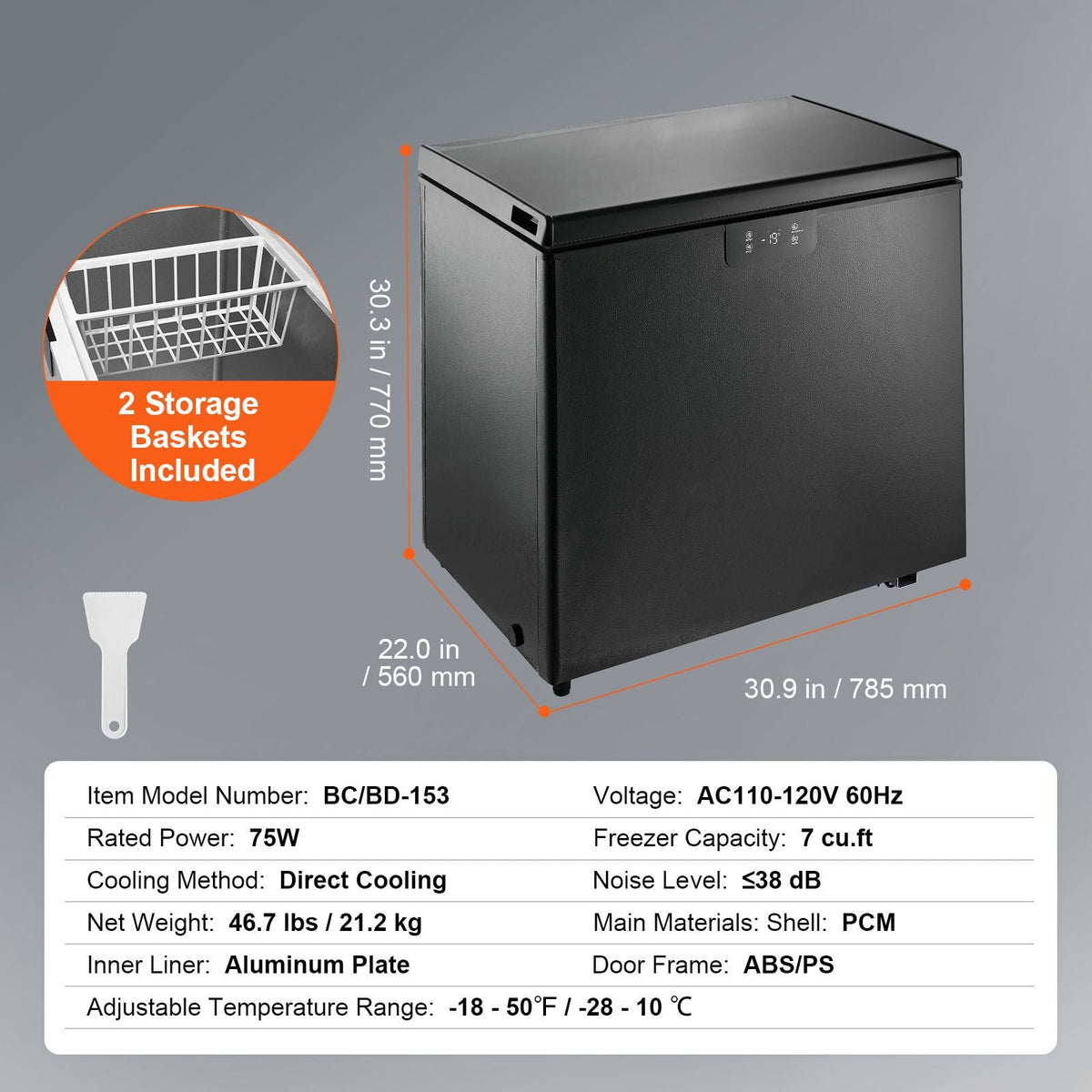 Chest Freezer, 5.4 Cu.ft / 153 L Compact Deep Freezer, Free Standing Top Open Door Compact Freezers with 2 Removable Baskets & Adjustable Thermostat, Energy Saving & Low Noise, Black