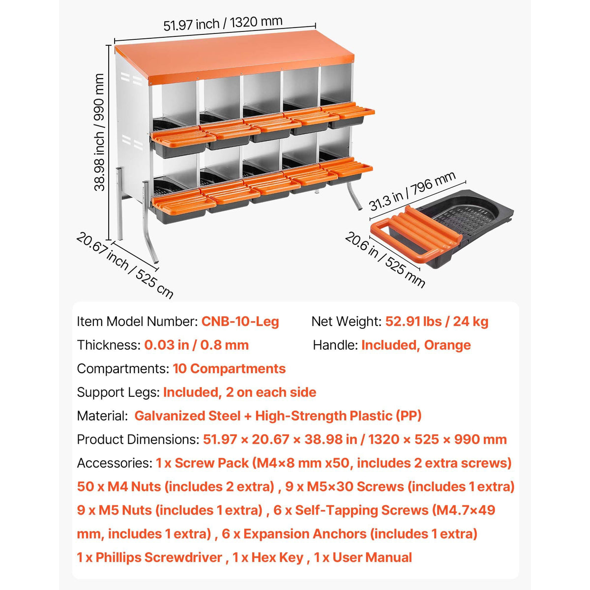 Chicken Nesting Boxes, 10 Compartments, with Support Legs, Easy Egg Collection, Galvanized Steel and High-Strength Plastic, Roll Away Nesting Boxes for Chickens and Hens Laying Eggs, Orange