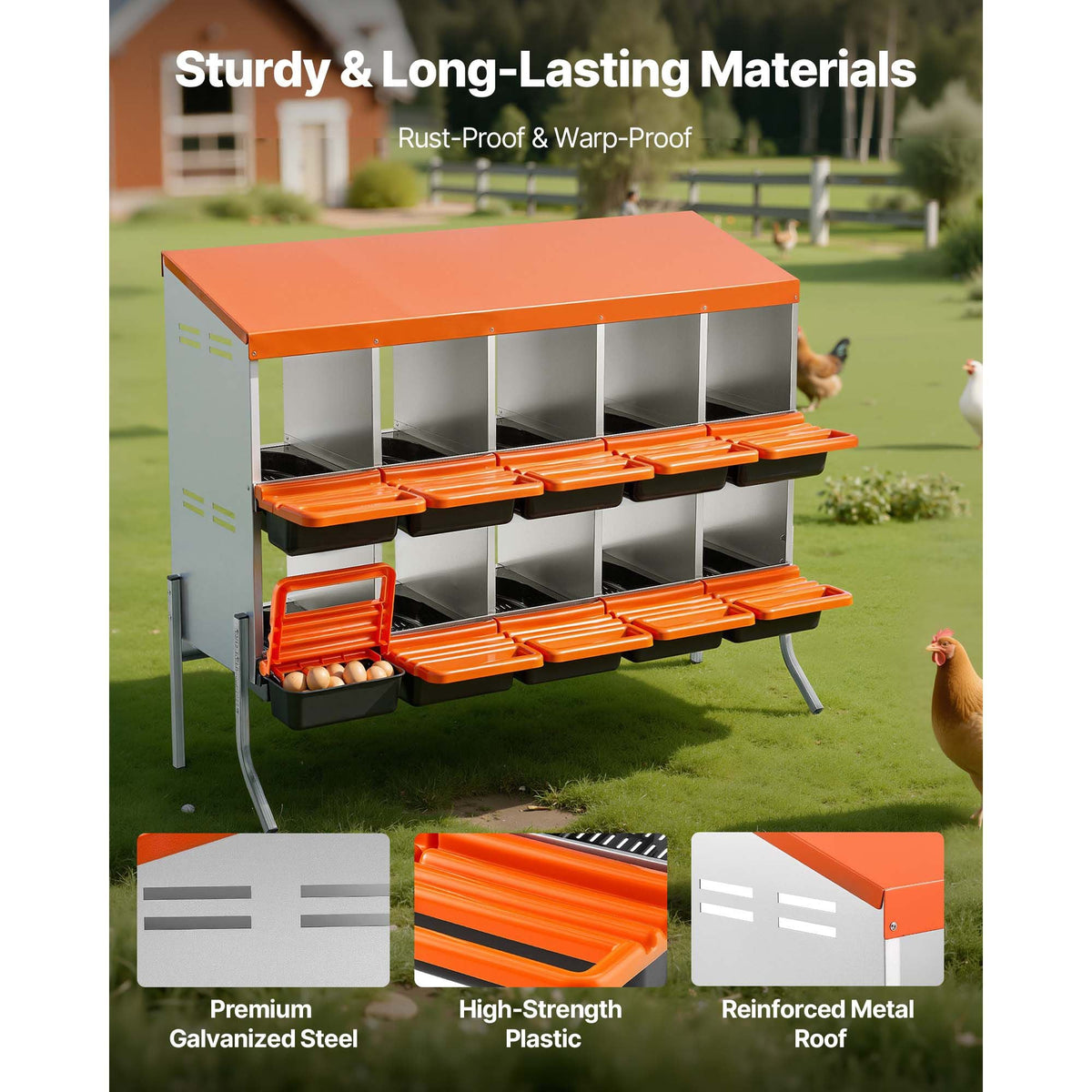 Chicken Nesting Boxes, 10 Compartments, with Support Legs, Easy Egg Collection, Galvanized Steel and High-Strength Plastic, Roll Away Nesting Boxes for Chickens and Hens Laying Eggs, Orange