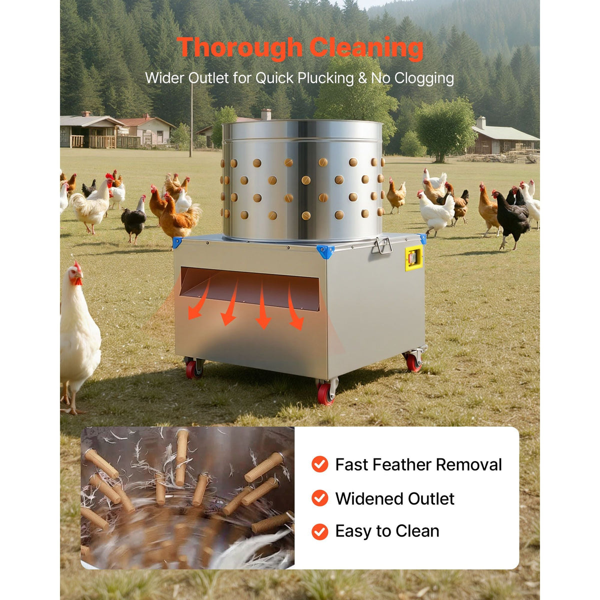 Chicken Plucker Machine, 23.6 in Drum, 2200W & 240RPM Electric Chicken Plucking Machine with 119 Soft Fingers & Transport Wheels, Stainless Steel Feather Remover for Processing 2-4 Chicks Once