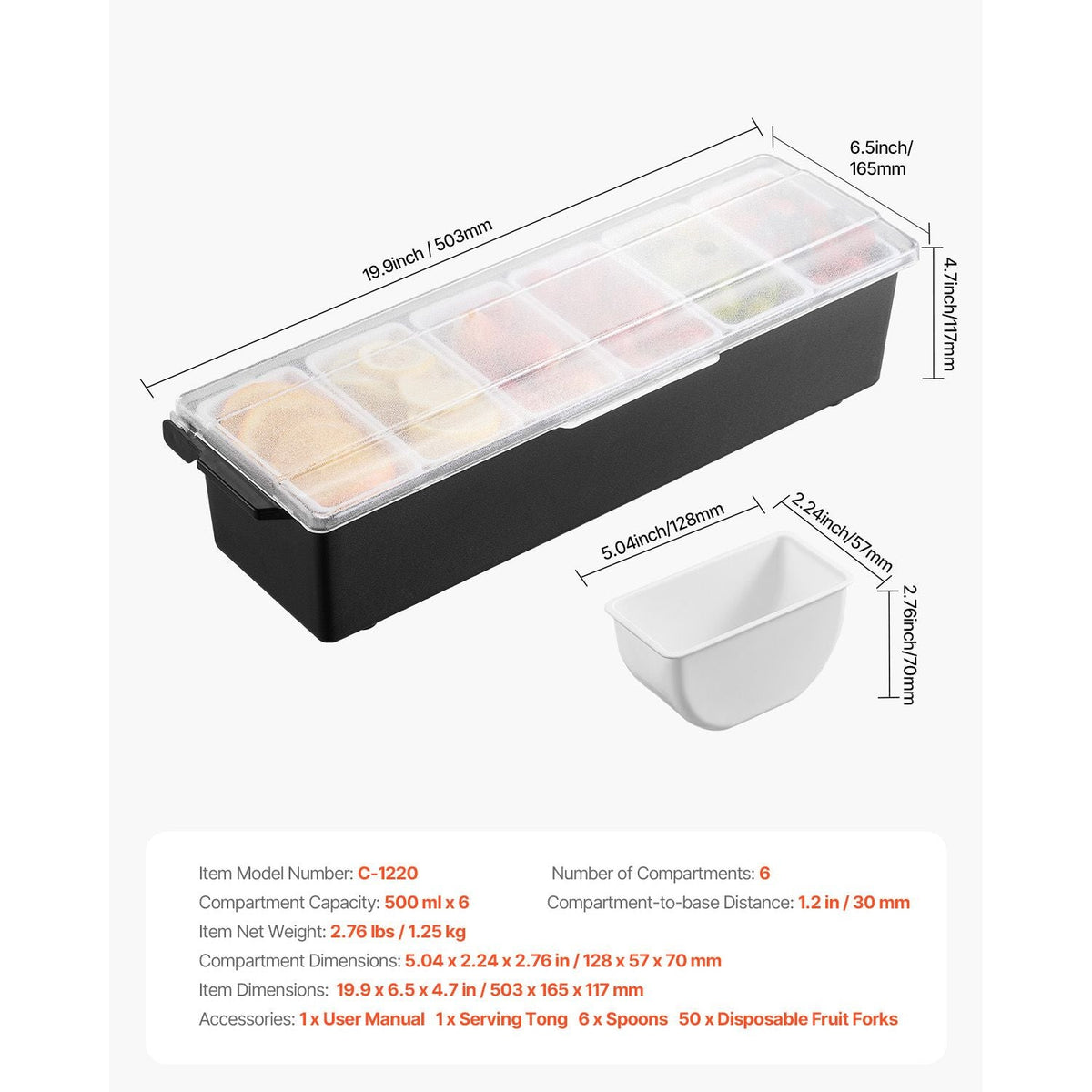 Chilled Condiment Server, 6 Compartment Ice Cooled Condiment Serving Container, Chilled Garnish Tray Bar Caddy with Lid, for Bartending & Serving Taco, Salad, Fruit, Home & Restaurant Supplies