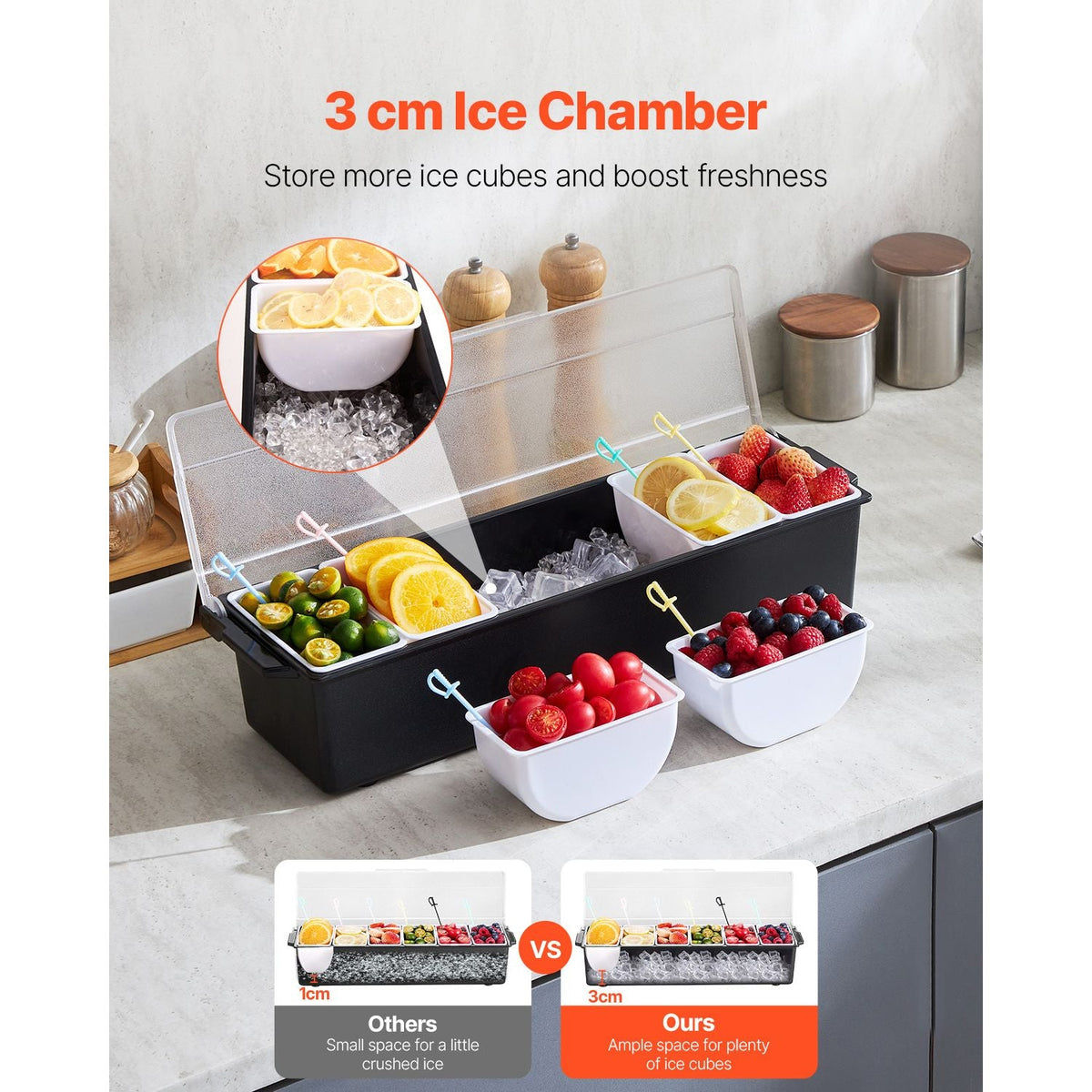 Chilled Condiment Server, 6 Compartment Ice Cooled Condiment Serving Container, Chilled Garnish Tray Bar Caddy with Lid, for Bartending & Serving Taco, Salad, Fruit, Home & Restaurant Supplies