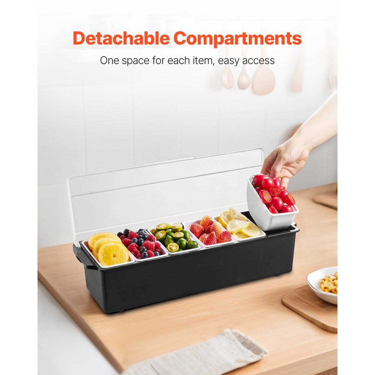 Chilled Condiment Server, 6 Compartment Ice Cooled Condiment Serving Container, Chilled Garnish Tray Bar Caddy with Lid, for Bartending & Serving Taco, Salad, Fruit, Home & Restaurant Supplies