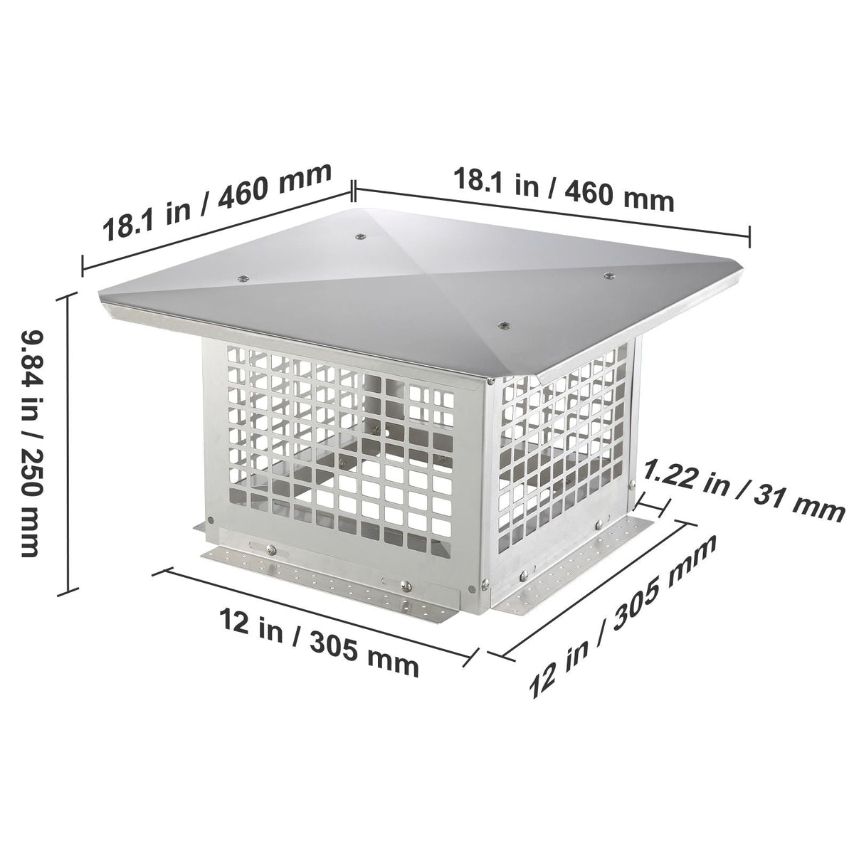 Chimney Cap, 12 x 12 inch, 304 Stainless Steel Fireplace Chimney Cover, Not Easily Toppled & Practical Accessories & Easy Installation, Fits Mesh Flue Covers Outside Clay Flue Shingles, Silver
