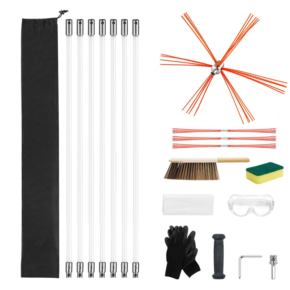 Chimney Sweep Kit, 23 ft Maximum Extendable Length Chimney Brush, Chimneys Cleaning Kit with Bristle Replacements & Goggles, 90° Bendable Fireplace Cleaning Tool, for Square, Rectangle Chimneys