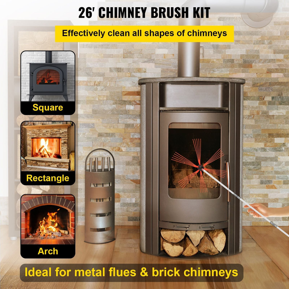 Chimney Sweep Kit 26FT, Chimney Brush 315 Inch Chimney Brush Rod Kit 8 Rods with Nylon Flexible Rods .
