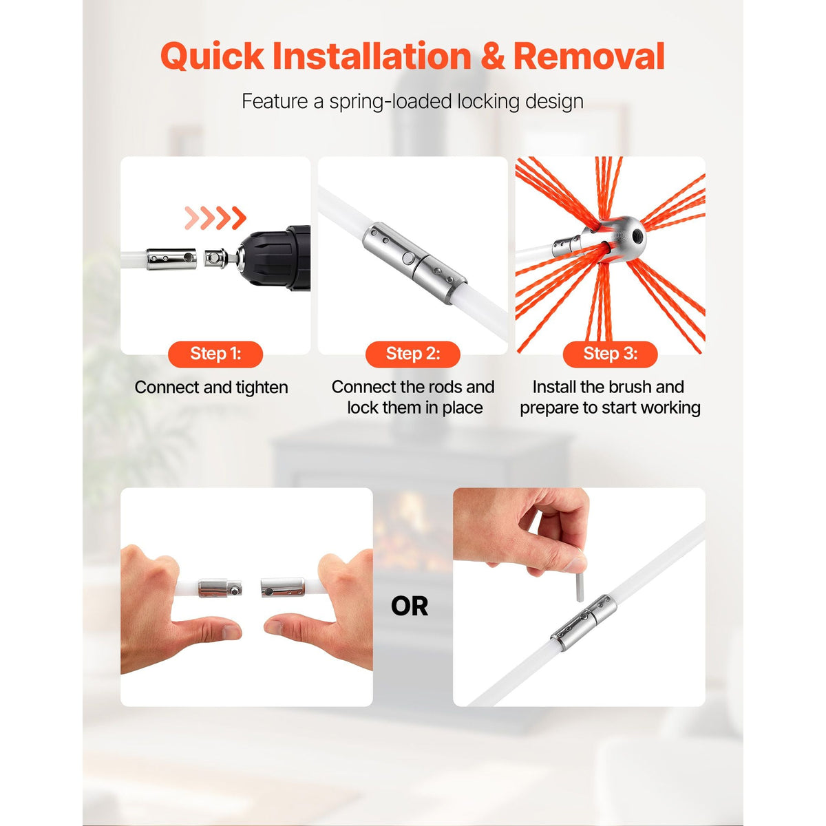 Chimney Sweep Kit, 30 ft Maximum Extendable Length Chimney Sweep, Chimneys Cleaning Kit with Bristle Replacements & Goggles, 90° Bendable Fireplace Cleaning Tool, for Square, Rectangle Chimneys