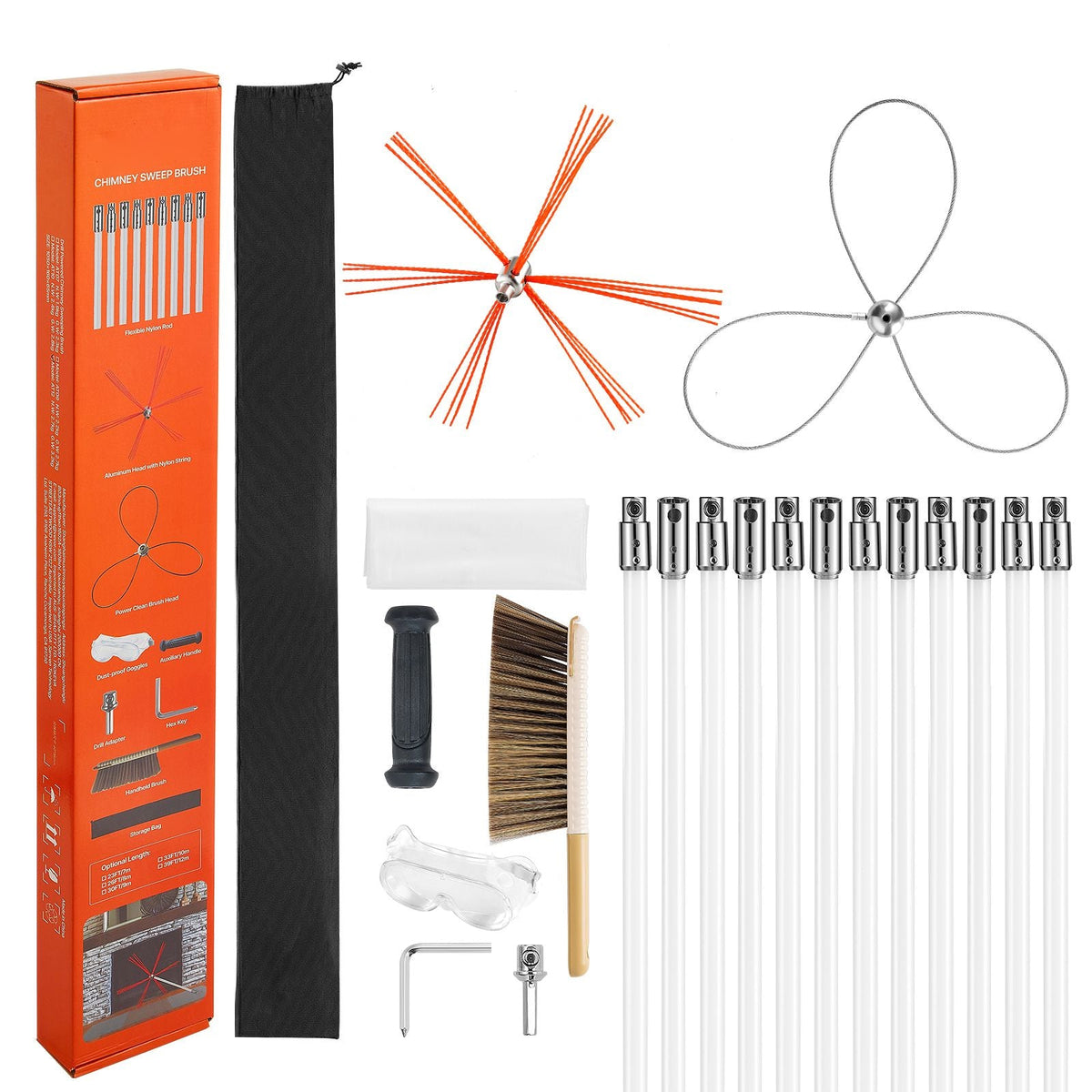 Chimney Sweep Kit, 39 ft Maximum Extendable Length Chimney Brush, Chimney Cleaner Sweeper with Dual Brush Heads & Bristle Replacements, Fireplace Cleaning Tool for Square, Rectangle Chimneys