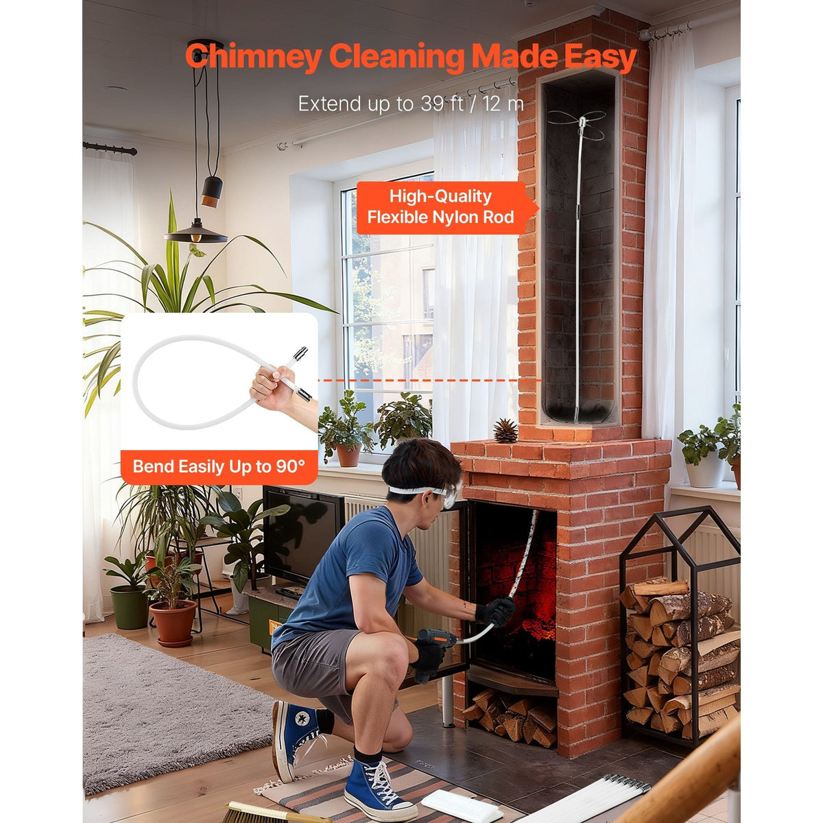 Chimney Sweep Kit, 39 ft Maximum Extendable Length Chimney Brush, Chimney Cleaner Sweeper with Dual Brush Heads & Bristle Replacements, Fireplace Cleaning Tool for Square, Rectangle Chimneys