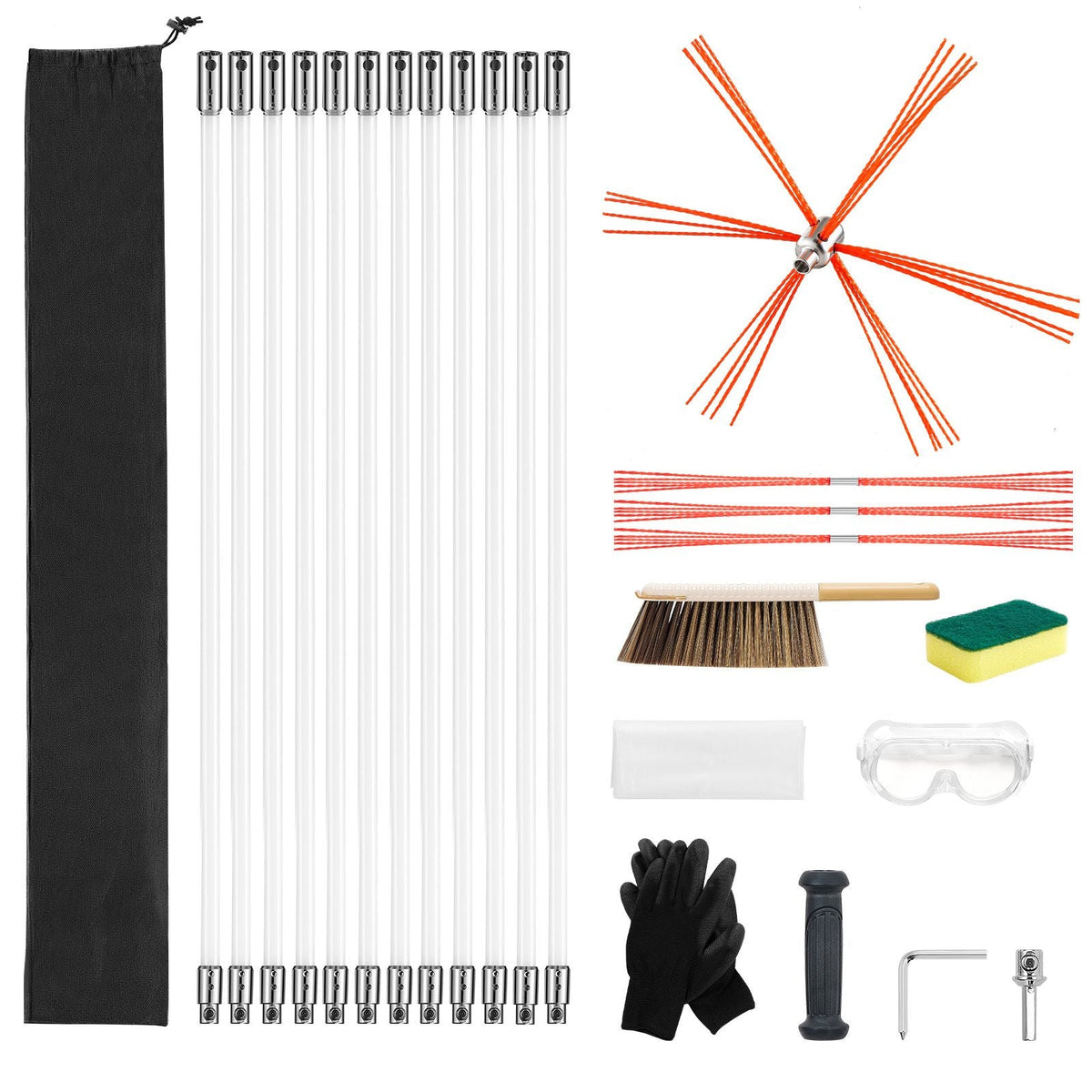 Chimney Sweep Kit, 39 ft Maximum Extendable Length Chimney Sweep, Chimneys Cleaning Kit with Bristle Replacements & Goggles, 90° Bendable Fireplace Cleaning Tool, for Square, Rectangle Chimneys