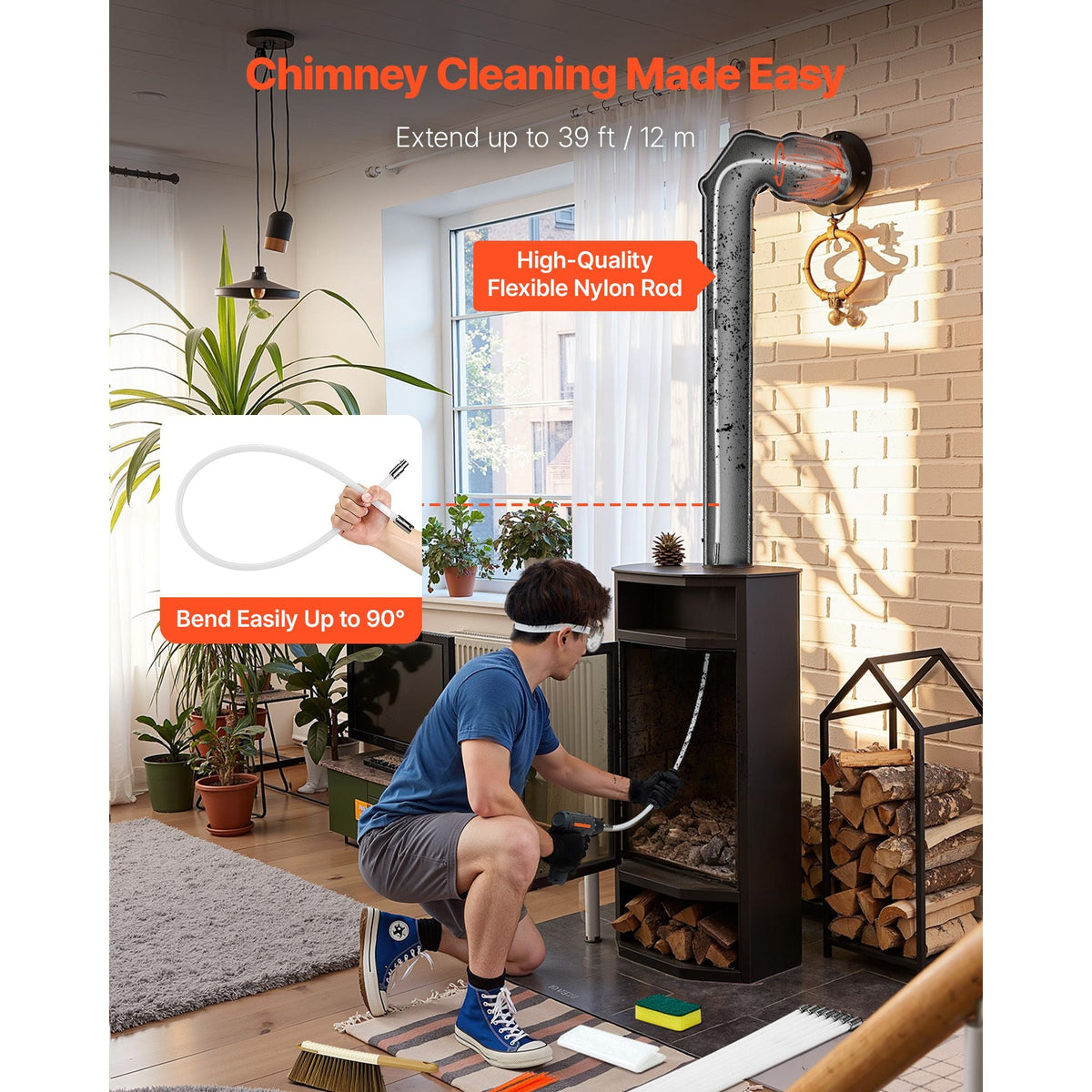 Chimney Sweep Kit, 39 ft Maximum Extendable Length Chimney Sweep, Chimneys Cleaning Kit with Bristle Replacements & Goggles, 90° Bendable Fireplace Cleaning Tool, for Square, Rectangle Chimneys