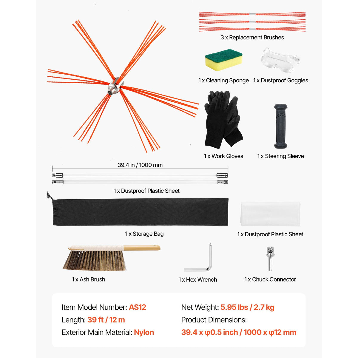 Chimney Sweep Kit, 39 ft Maximum Extendable Length Chimney Sweep, Chimneys Cleaning Kit with Bristle Replacements & Goggles, 90° Bendable Fireplace Cleaning Tool, for Square, Rectangle Chimneys