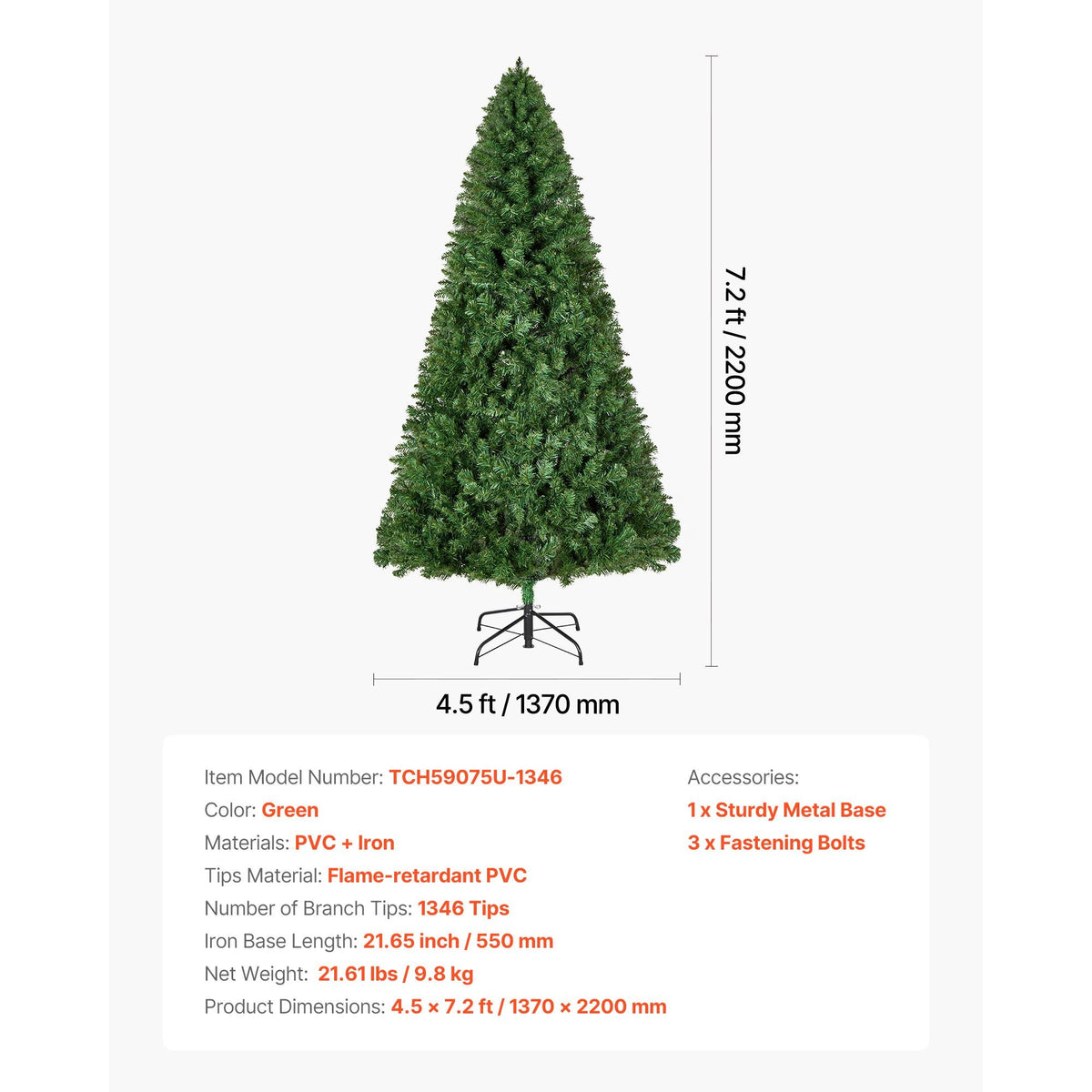 Christmas Tree, 7.2ft Artificial Xmas Tree, Full Holiday Decor Trees with 1346 Branch Tips & Sturdy Metal Base for Home Party Office Decoration