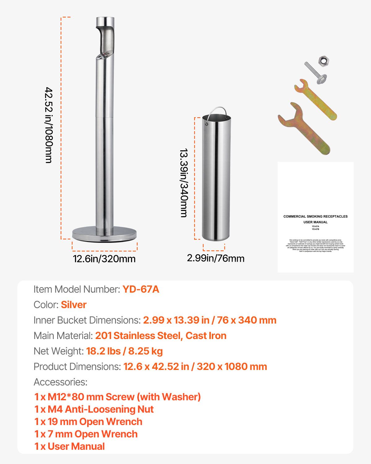 Cigarette Butt Receptacle, Stainless Steel Cylinder Cigarette Butt Container, Freestanding and Weatherproof Outdoor Cigarette Butt Disposal for Garden, Office, Restaurant, Hotel, Bar, Silver