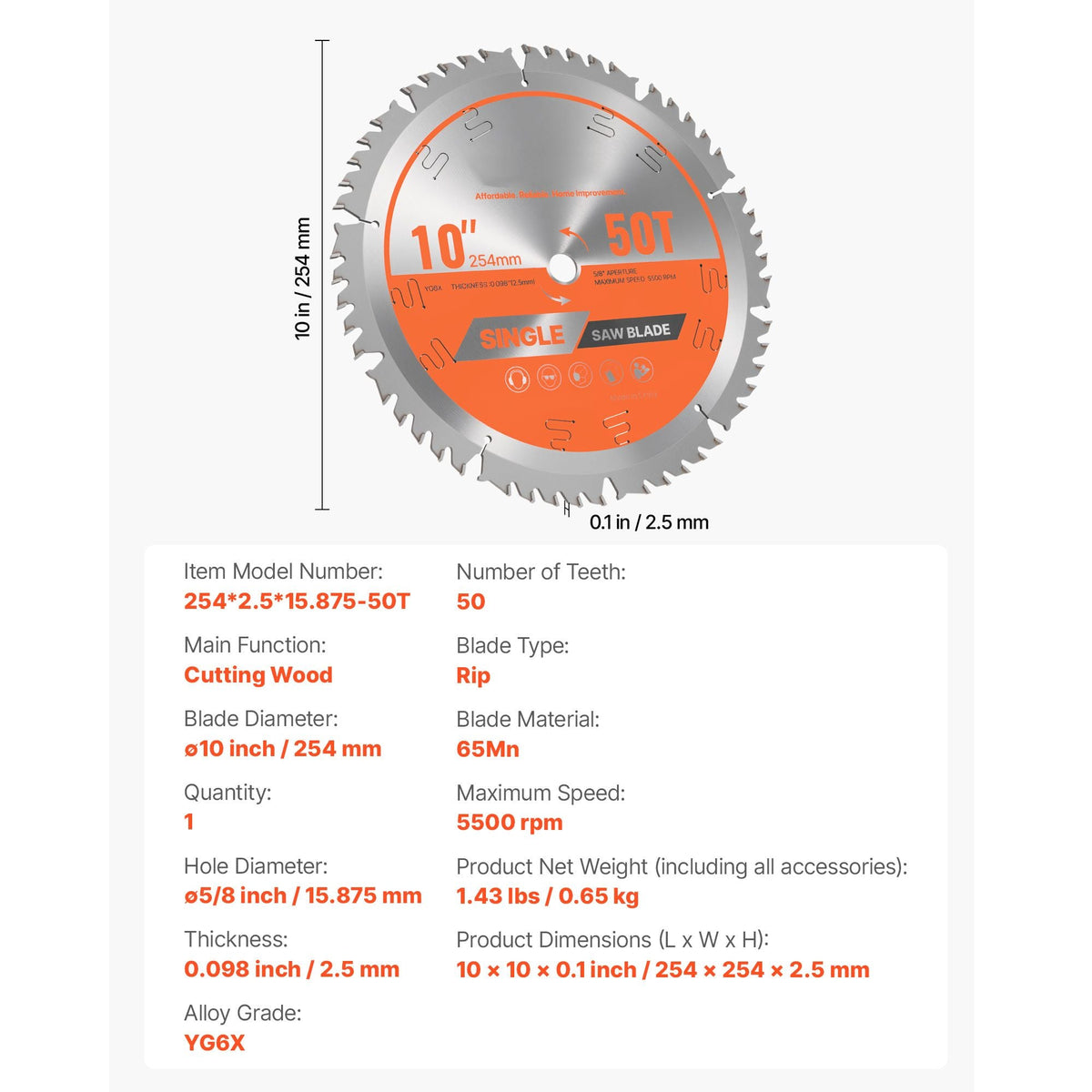 Circular Saw Blade, 10 inch Diameter, 50 Sharp Alloy Teeth, 5/8 inch Arbor, Fine Finish, Wood Cutting Blade for Circular Saw, with Noise-Reducing Heat Vents, for Cutting Plywood, OSB, Hardwood