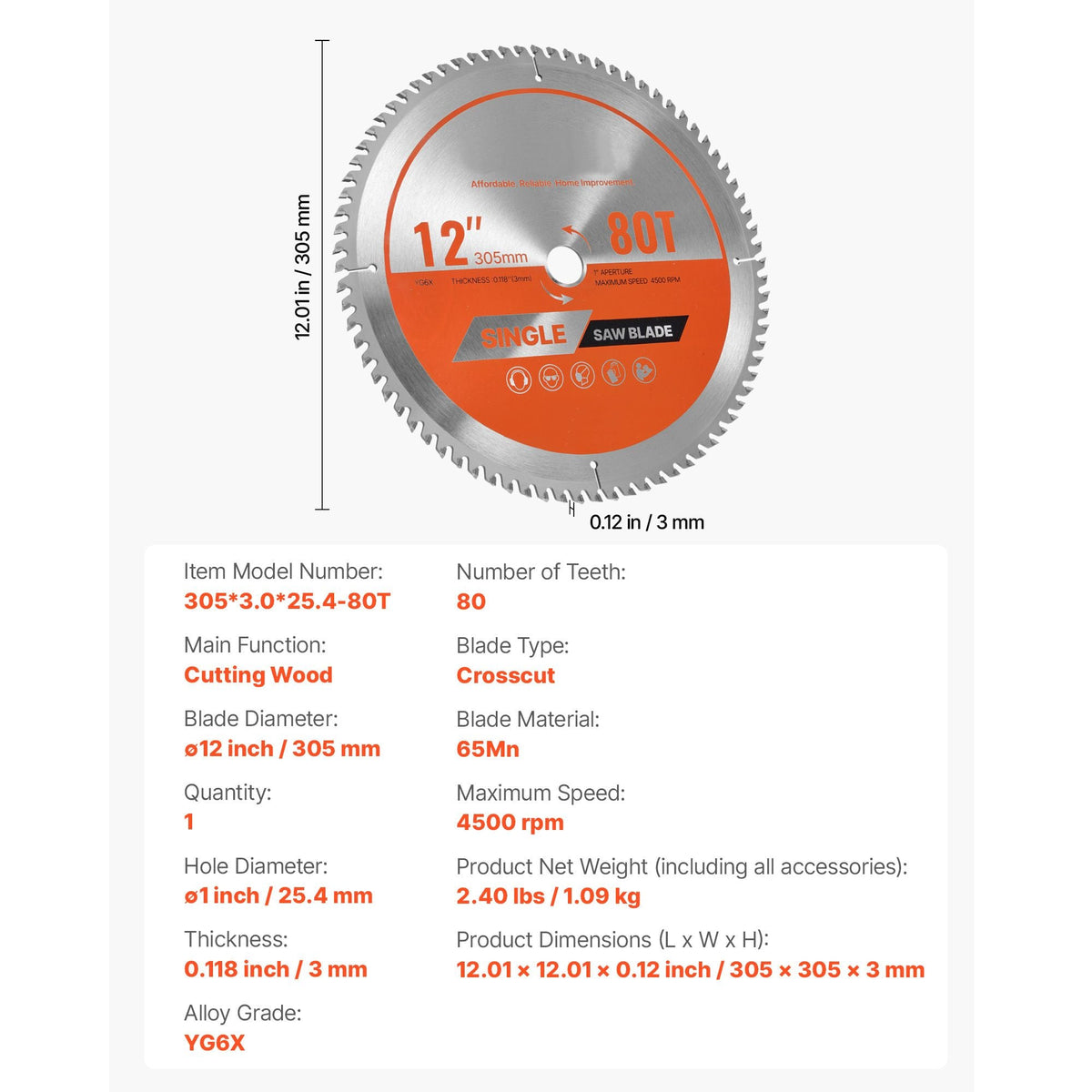 Circular Saw Blade, 12 inch Diameter, 80 Sharp Alloy Teeth, 1 inch Arbor, Fine Finish, Wood Cutting Blade for Circular Saw, with Noise-Reducing Heat Vents, for Cutting Plywood, OSB, Hardwood