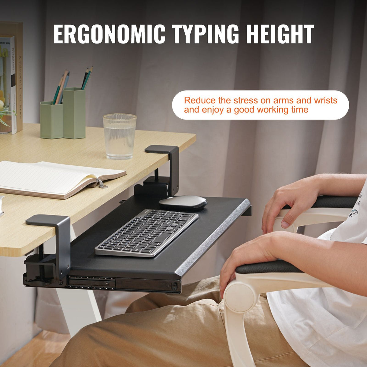 Clamp on Keyboard Tray Under Desk, Desk Keyboard Tray Slide out with Sturdy No-drill C Clamp Mount, Large 26.8 x 11 inch Slide-out Computer Drawer for Typing in Home, Office Work