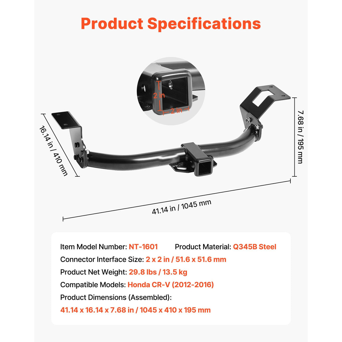 Class 3 Trailer Hitch, 2-Inch Receiver, 6000 lbs, Q345B Steel Tube Frame, Compatible with 2012-2016 Honda CR-V, Multi-Fit Hitch to Receive Ball Mount, Cargo Carrier, Bike Rack, Tow Hook, Black