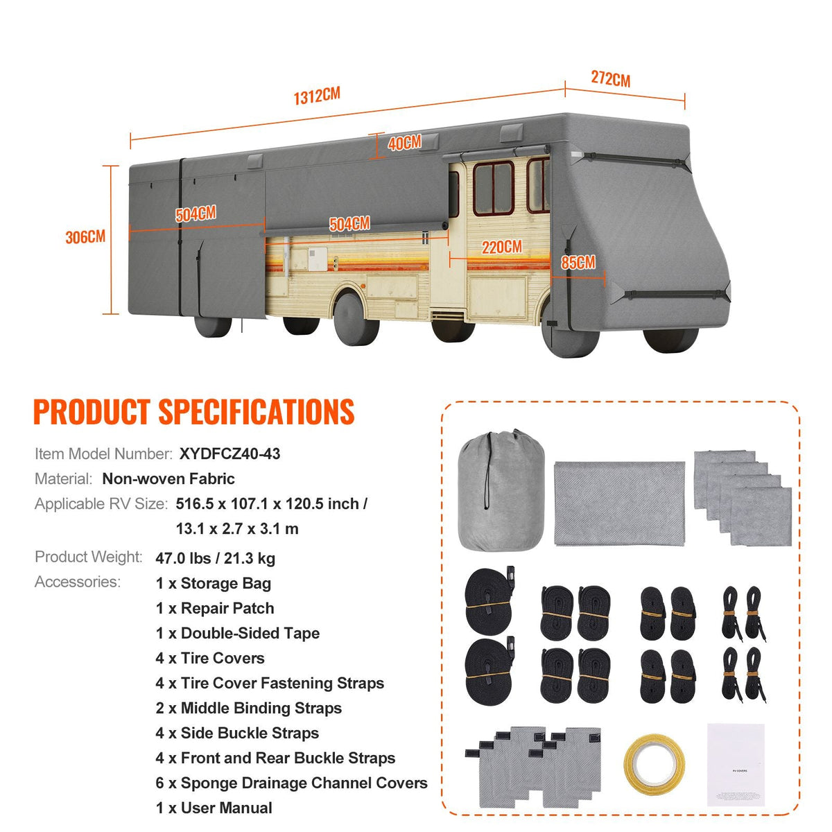 Class A RV Cover, 40-43 ft Motorhome Cover, Non-woven Fabric Motorhome RV Cover, Waterproof, Windproof and Rip-Stop, Camper Cover with Storage Bag, Repair Patches, Straps and Tire Covers