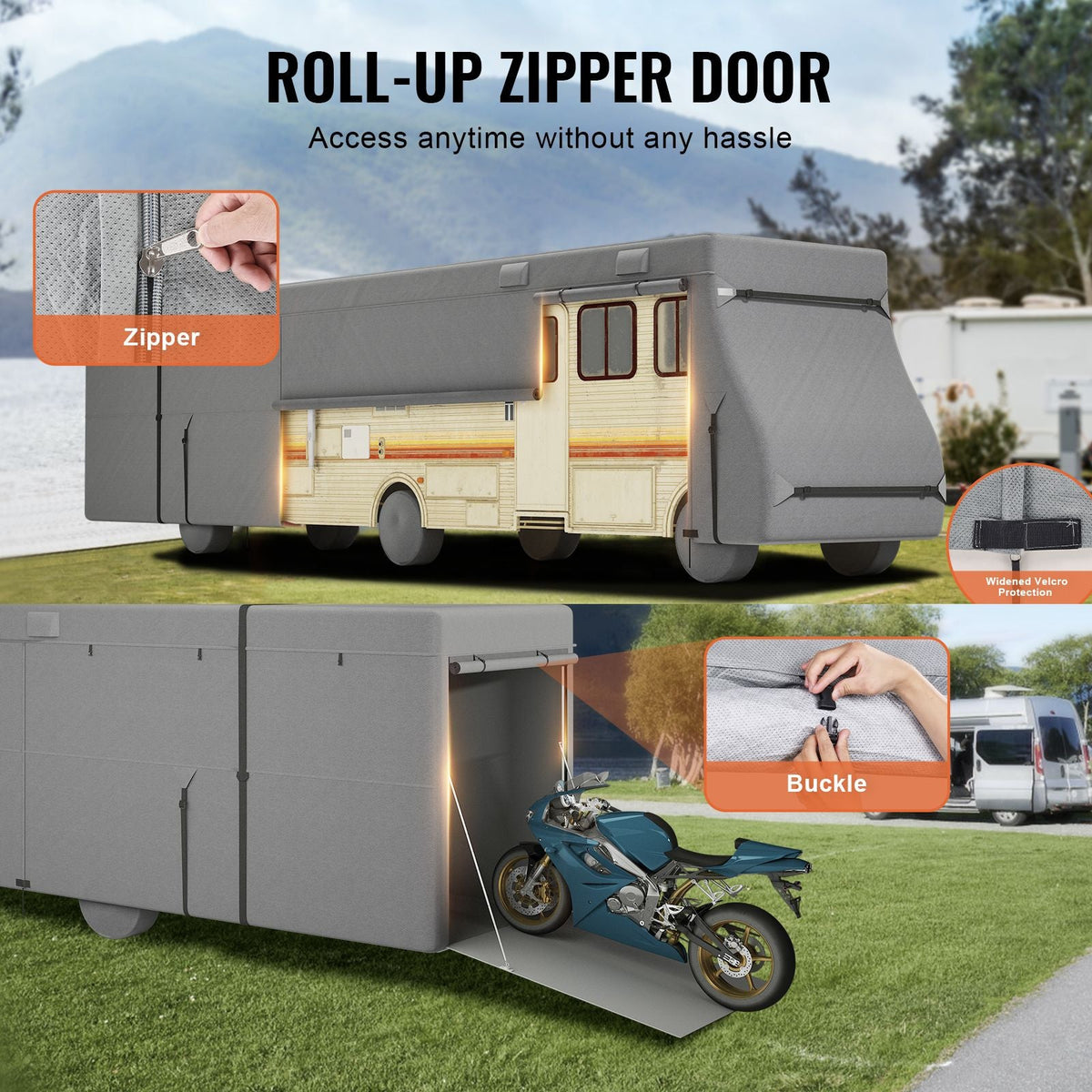 Class A RV Cover, 40-43 ft Motorhome Cover, Non-woven Fabric Motorhome RV Cover, Waterproof, Windproof and Rip-Stop, Camper Cover with Storage Bag, Repair Patches, Straps and Tire Covers