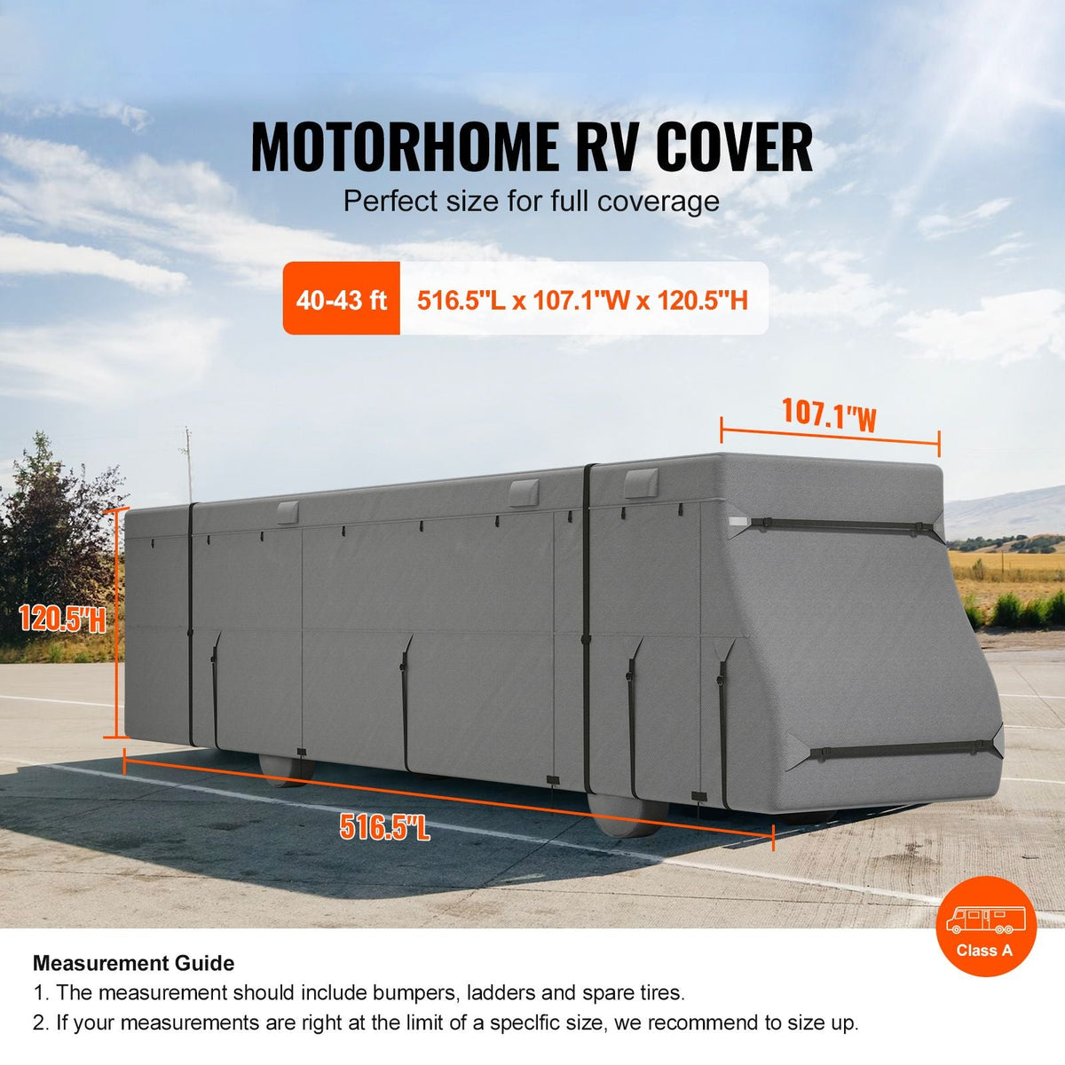 Class A RV Cover, 40-43 ft Motorhome Cover, Non-woven Fabric Motorhome RV Cover, Waterproof, Windproof and Rip-Stop, Camper Cover with Storage Bag, Repair Patches, Straps and Tire Covers