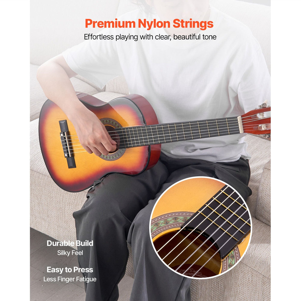 Classical Guitar, 30 Inch, Wood Classical Guitar Starter Kit for Beginners, with Nylon Strings, Gig Bag, Strap, Tuner, Extra Strings, Pick, Capo, Basswood, for Kids Girls Boys Students, Sunburst
