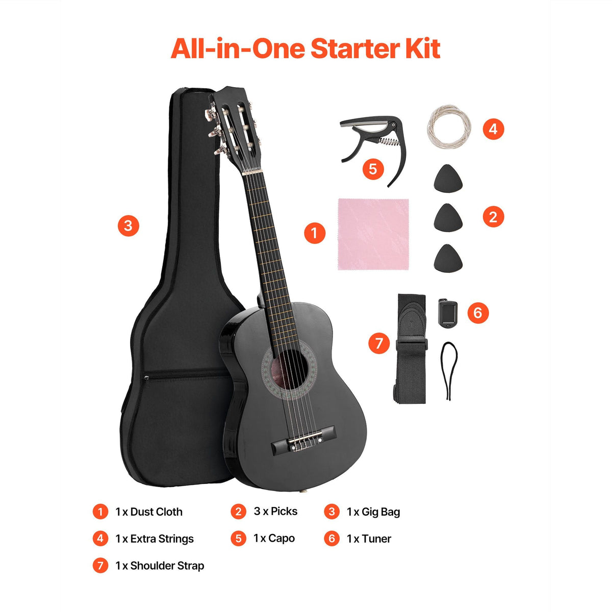 Classical Guitar, 30 Inch, Wood Classical Guitar Starter Kit for Beginners, with Nylon Strings, Gig Bag, Strap, Tuner, Extra Strings, Picks, Capo, Basswood, for Kids Girls Boys Students, Black