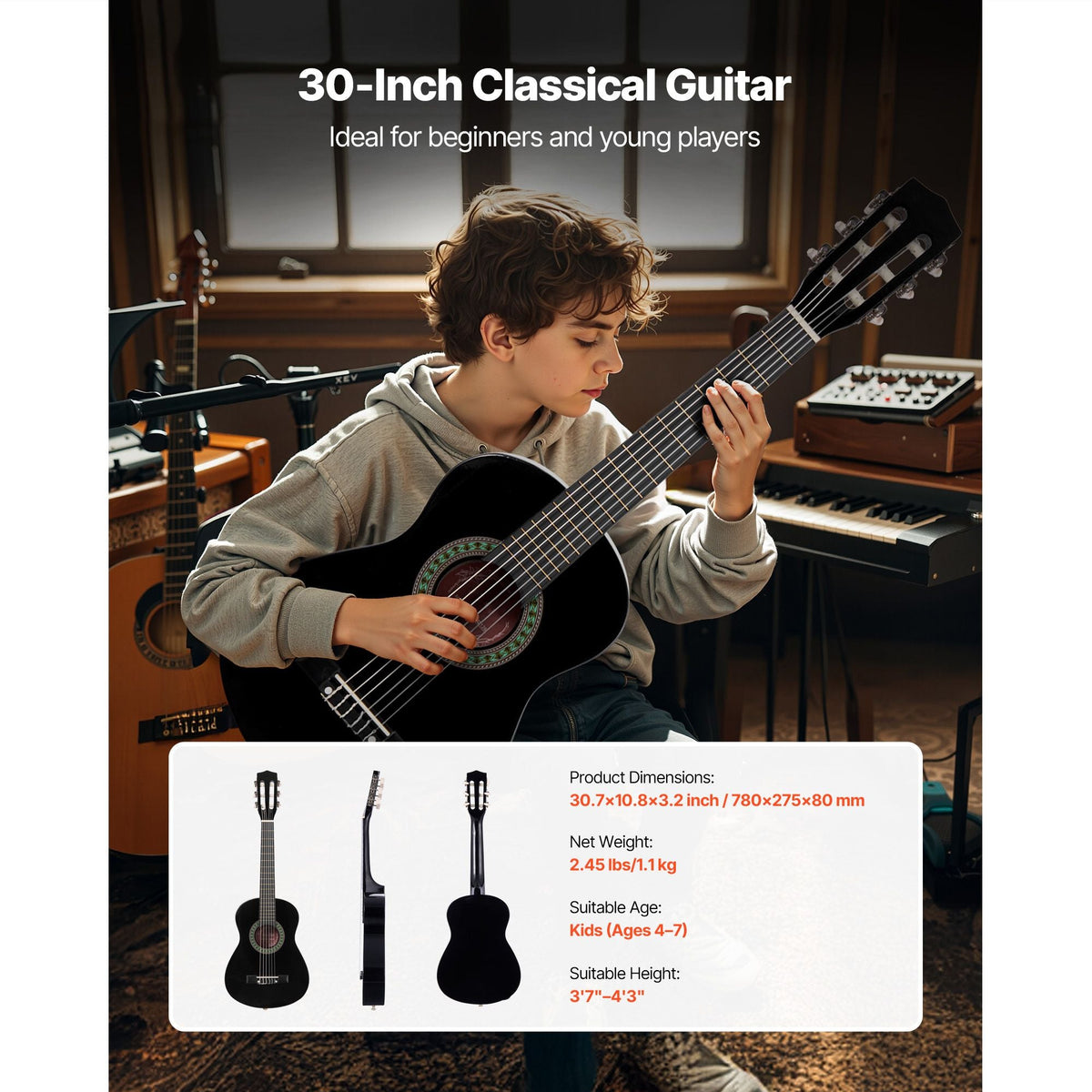 Classical Guitar, 30 Inch, Wood Classical Guitar Starter Kit for Beginners, with Nylon Strings, Gig Bag, Strap, Tuner, Extra Strings, Picks, Capo, Basswood, for Kids Girls Boys Students, Black