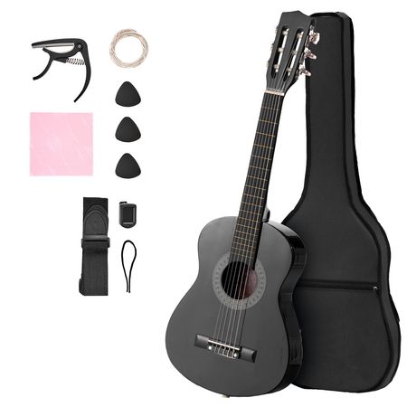 Classical Guitar, 30 Inch, Wood Classical Guitar Starter Kit for Beginners, with Nylon Strings, Gig Bag, Strap, Tuner, Extra Strings, Picks, Capo, Basswood, for Kids Girls Boys Students, Black