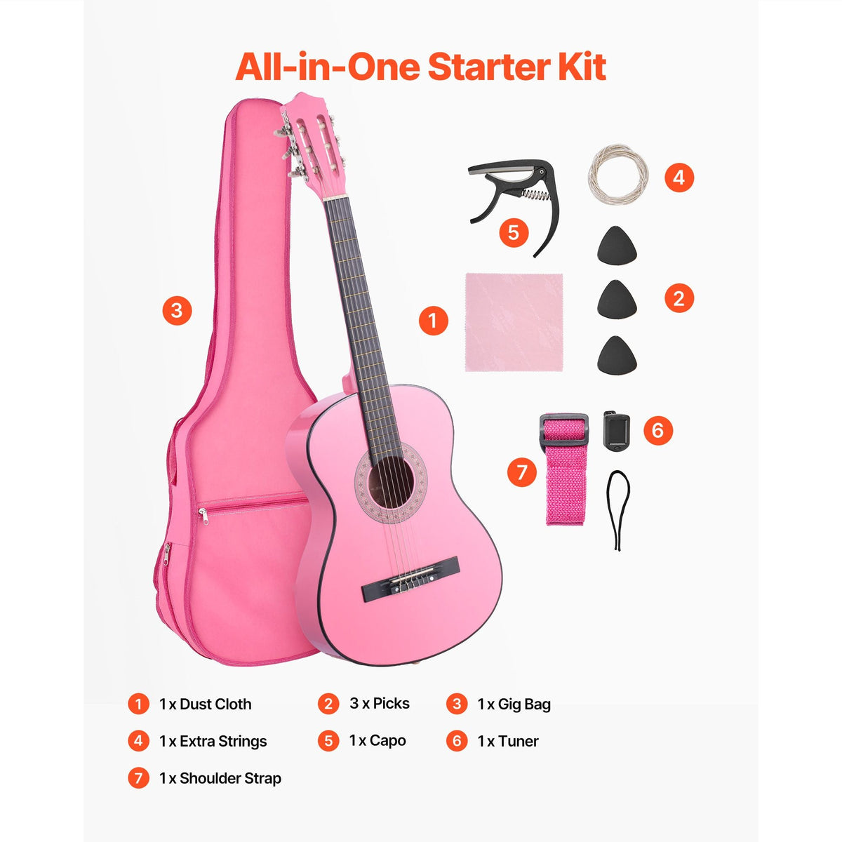 Classical Guitar, 38 Inch, Wood Classical Guitar Starter Kit for Beginners, with Nylon Strings, Gig Bag, Strap, Tuner, Extra Strings, Picks, Capo, Basswood, for Teenagers Adults Students, Pink