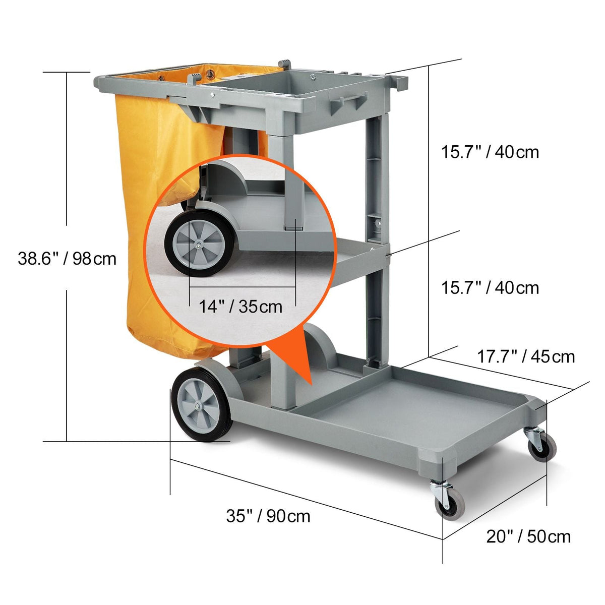 Cleaning Cart, 3-Shelf Commercial Janitorial Cart, 200 lbs Capacity Plastic Housekeeping Cart, with 25 Gallon PVC Bag, 47" x 20" x 38.6", Yellow+Grey