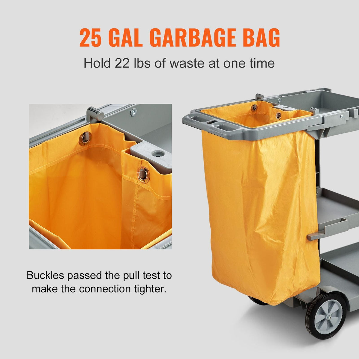 Cleaning Cart, 3-Shelf Commercial Janitorial Cart, 200 lbs Capacity Plastic Housekeeping Cart, with 25 Gallon PVC Bag, 47" x 20" x 38.6", Yellow+Grey