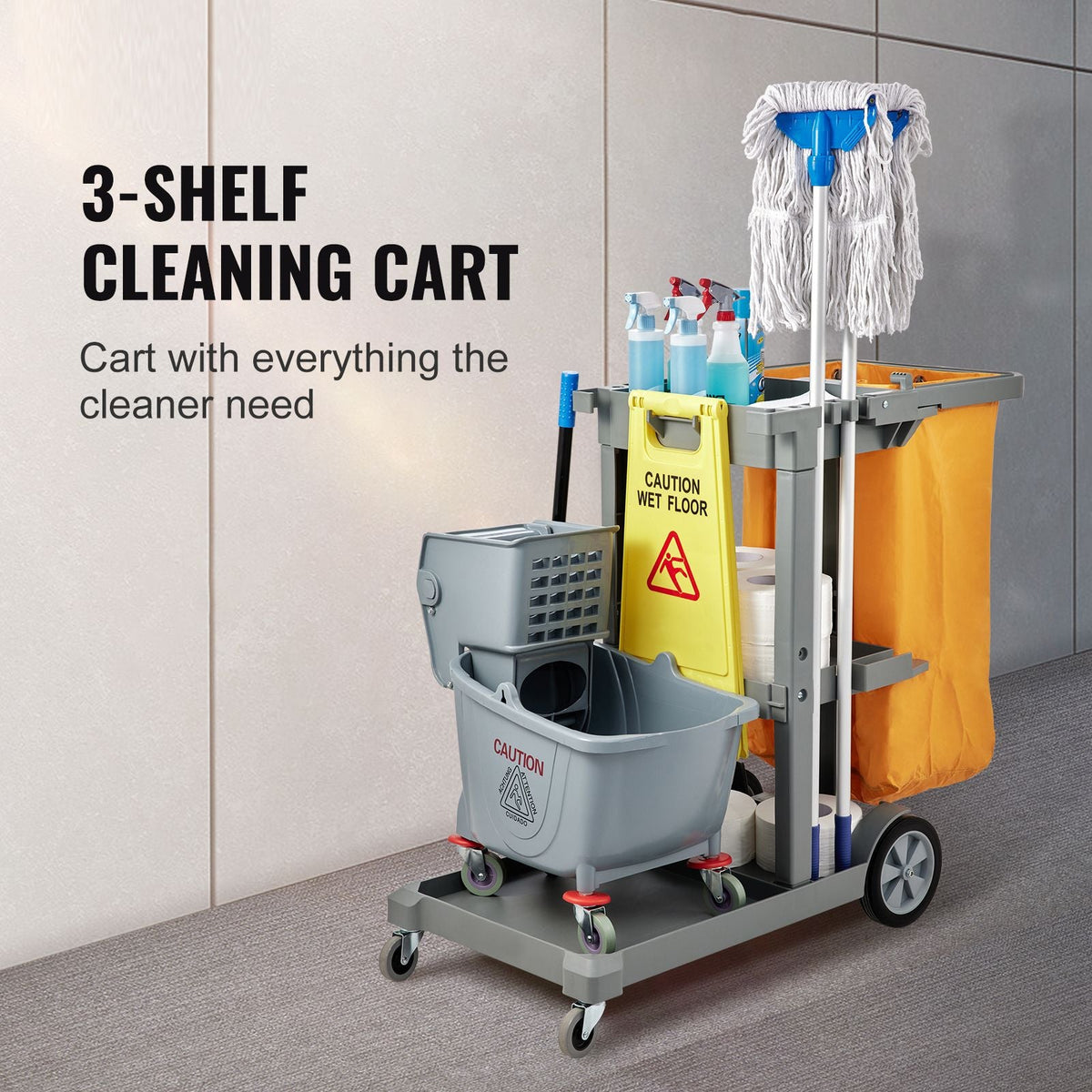 Cleaning Cart, 3-Shelf Commercial Janitorial Cart, 200 lbs Capacity Plastic Housekeeping Cart, with 25 Gallon PVC Bag, 47" x 20" x 38.6", Yellow+Grey