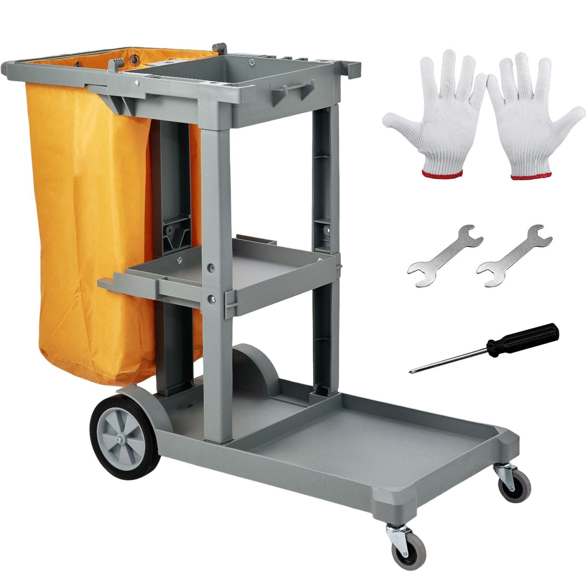 Cleaning Cart, 3-Shelf Commercial Janitorial Cart, 200 lbs Capacity Plastic Housekeeping Cart, with 25 Gallon PVC Bag, 47" x 20" x 38.6", Yellow+Grey