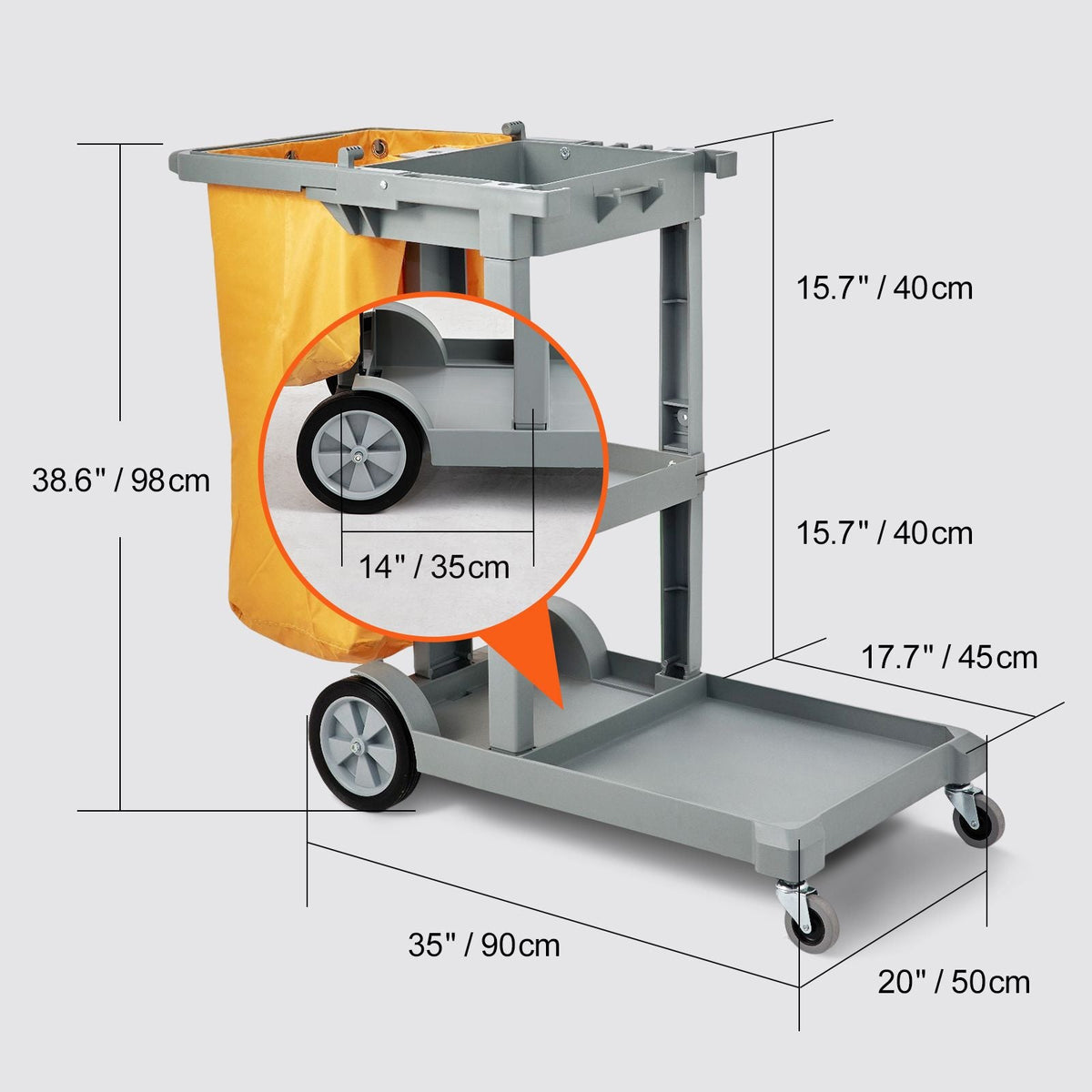 Cleaning Cart, 3-Shelf Commercial Janitorial Cart, 200 lbs Capacity Plastic Housekeeping Cart, with 25 Gallon PVC Bag, 47" x 20" x 38.6", Yellow+Grey