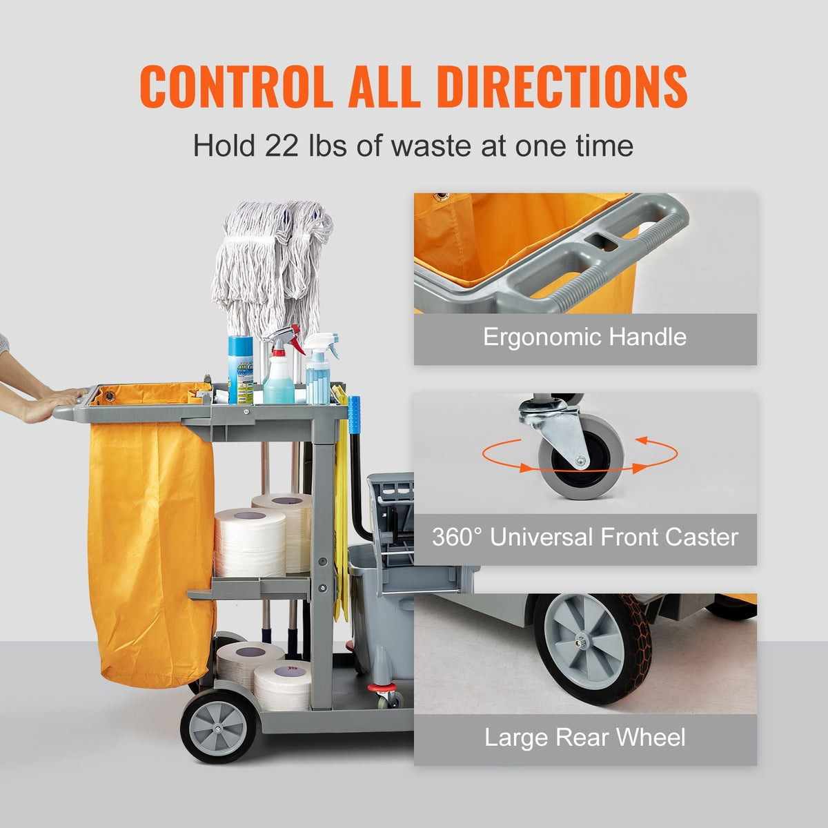 Cleaning Cart, 3-Shelf Commercial Janitorial Cart, 200 lbs Capacity Plastic Housekeeping Cart, with 25 Gallon PVC Bag, 47" x 20" x 38.6", Yellow+Grey