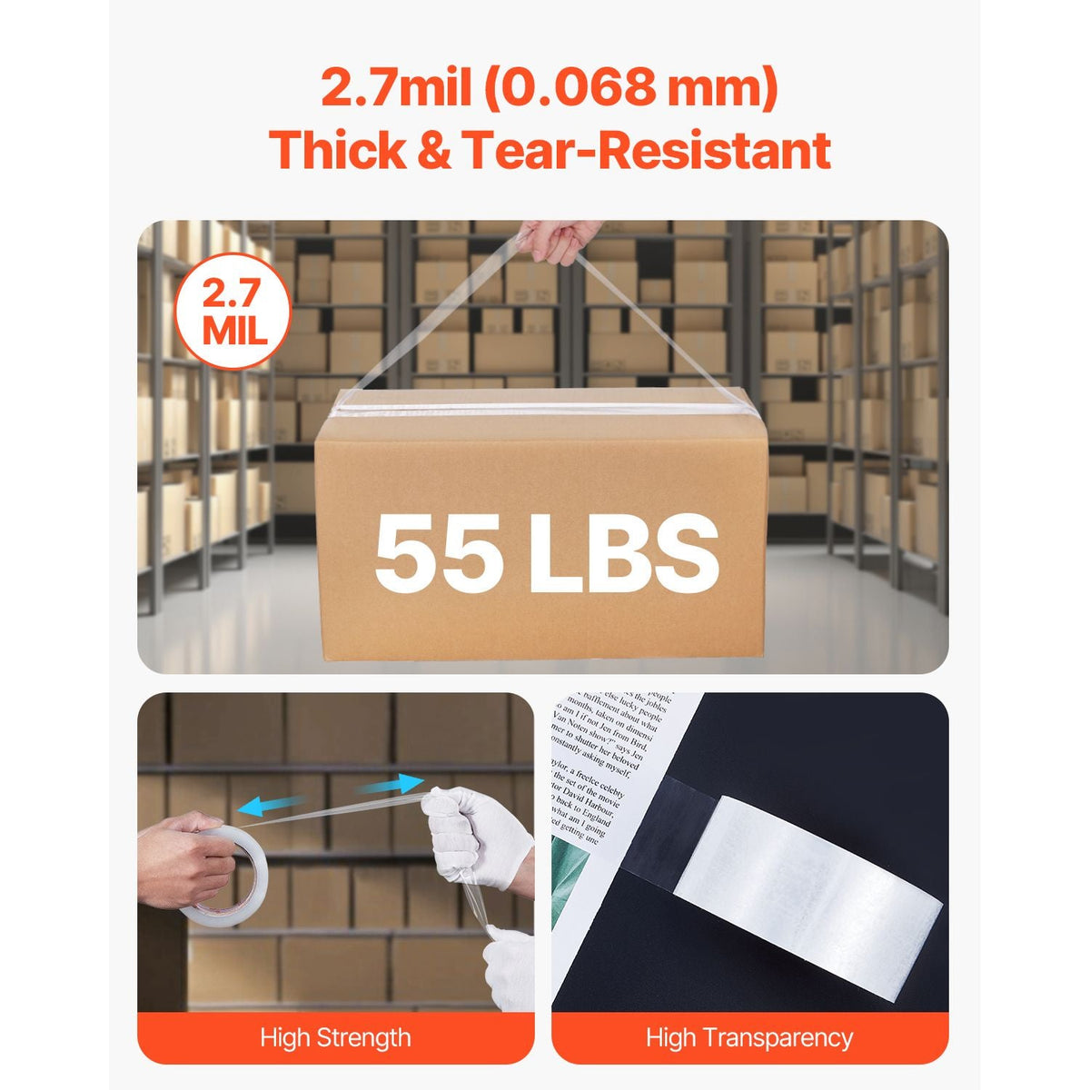 Clear Packing Tape, 3 inches Core, 6 Rolls 1.88 Inches x 65 Yards Packing Tape with Dispenser, 2.7 Mil Heavy Duty Packaging Tape Designed for Moving, Storage and Packing, Shipping and Mailing