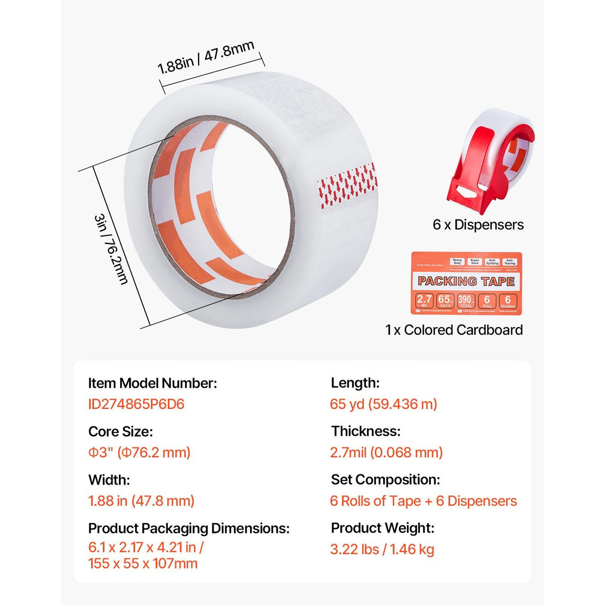 Clear Packing Tape, 3 inches Core, 6 Rolls 1.88 Inches x 65 Yards Packing Tape with Dispenser, 2.7 Mil Heavy Duty Packaging Tape Designed for Moving, Storage and Packing, Shipping and Mailing
