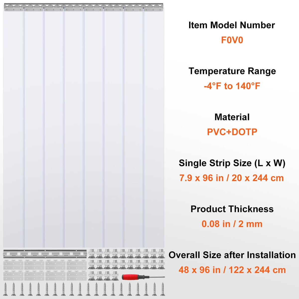 Clear PVC Strip Curtain, 96 in Height x 48 in Width x 0.08 in Thickness, 8 PCS Walk in Freezer Cooler Curtain Strips, Smooth Waterproof Plastic Door Strips for Warehouse, Freezer, Garage Doors