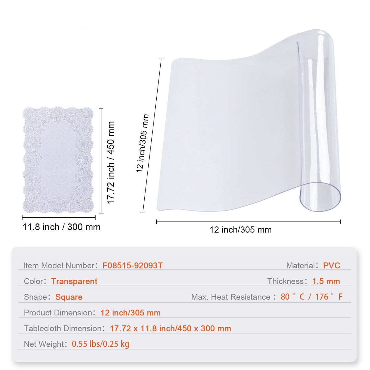 Clear Table Cover Protector, 12" x 12"/305 x 305 mm Table Cover, 1.5 mm Thick PVC Plastic Tablecloth, Waterproof Desktop Protector for Writing Desk, Coffee Table, Dining Room Table