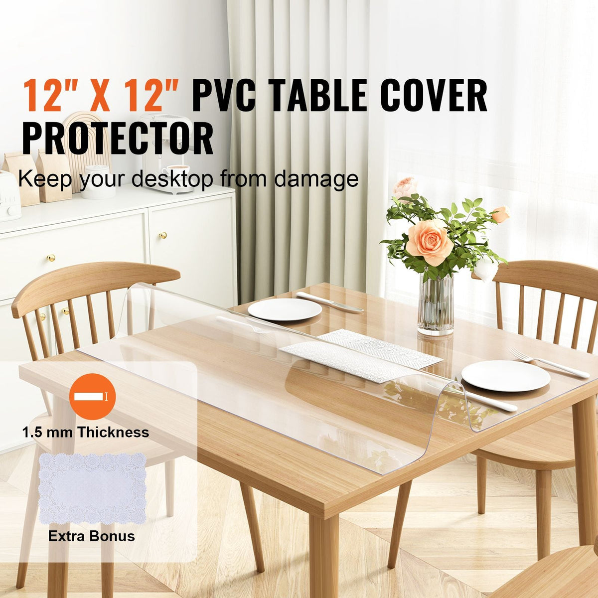 Clear Table Cover Protector, 12" x 12"/305 x 305 mm Table Cover, 1.5 mm Thick PVC Plastic Tablecloth, Waterproof Desktop Protector for Writing Desk, Coffee Table, Dining Room Table