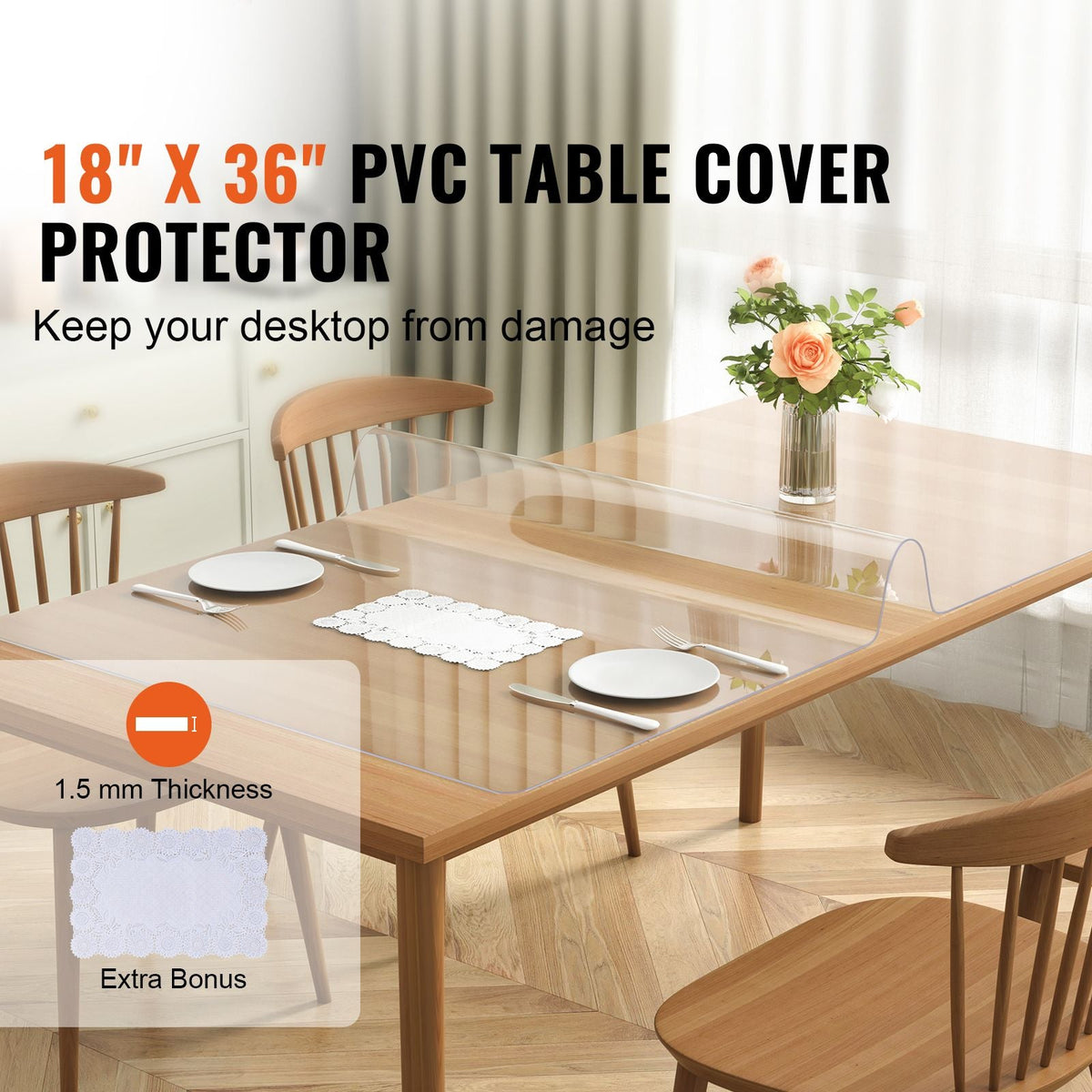 Clear Table Cover Protector, 18" x 36" Rectangle Table Cover, 1.5 mm Thick PVC Plastic Tablecloth, Waterproof Desktop Protector for Writing Desk, Coffee Table, Dining Room Table