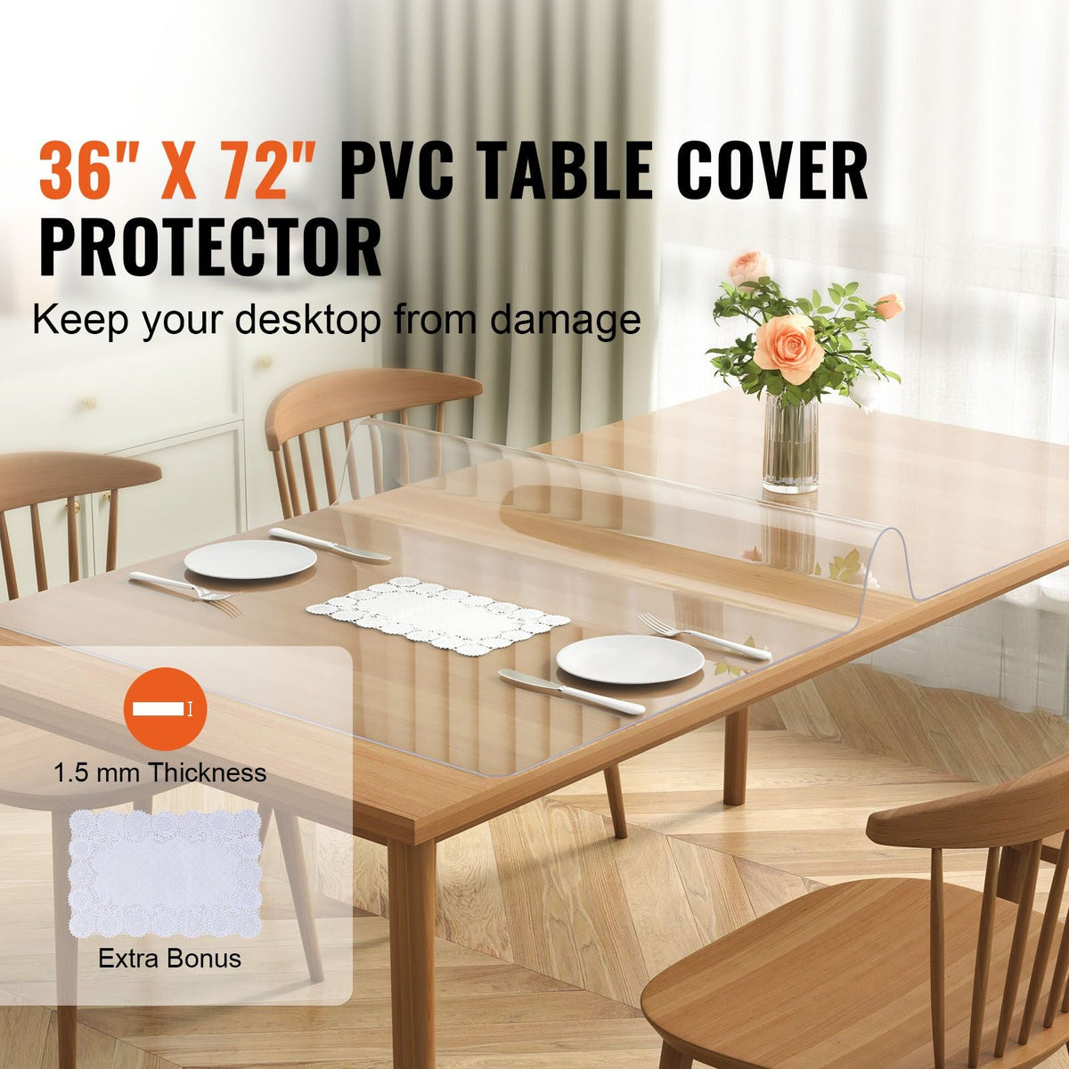 Clear Table Cover Protector, 36" x 72" Rectangle Table Cover, 1.5 mm Thick PVC Plastic Tablecloth, Waterproof Desktop Protector for Writing Desk, Coffee Table, Dining Room Table