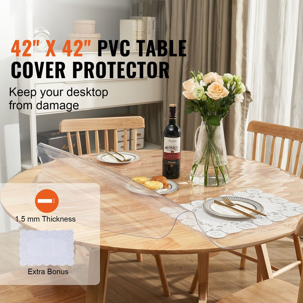 Clear Table Cover Protector, 42 inch/1068 mm Round Table Cover, 1.5 mm Thick PVC Plastic Tablecloth, Waterproof Desktop Protector for Writing Desk, Coffee Table, Dining Room Table