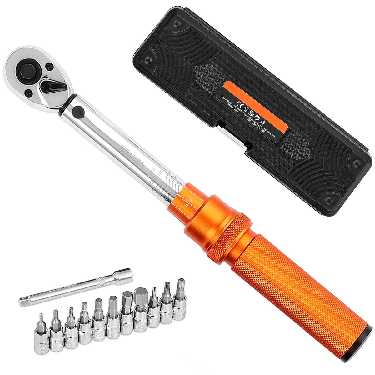 Click Torque Wrench Set, 1/4Inch Drive, 20-200lbf-in/2.3-22.6N.m, Dual-direction and Dual Range Scales, 72-Tooth, ±3% High Precision, with Bit Sockets, Extension Bar, for Bicycle Repair, Orange