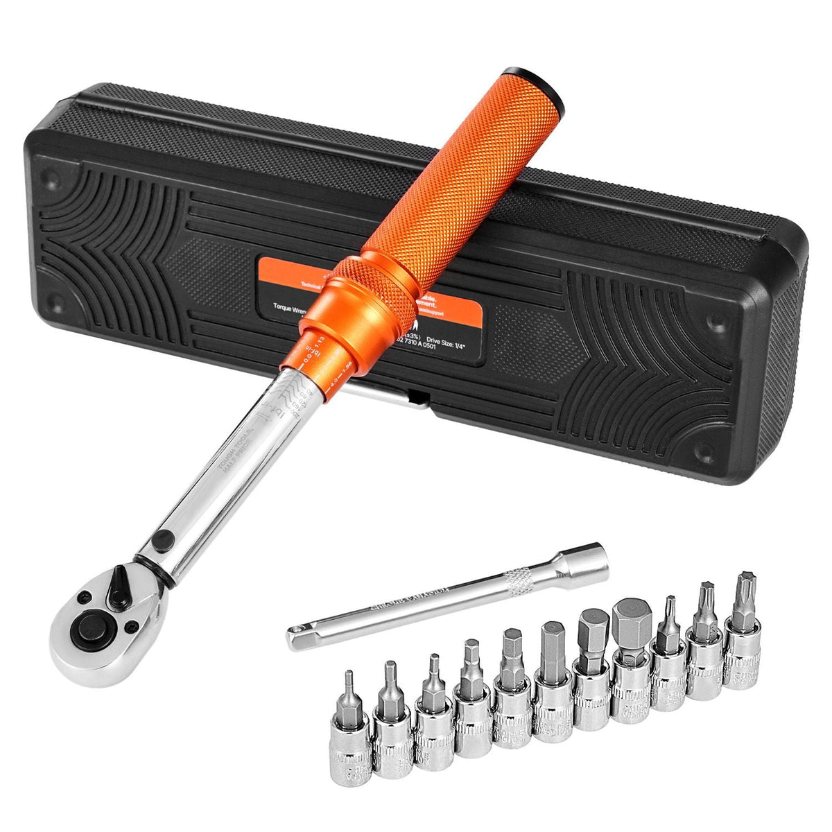 Click Torque Wrench Set, 1/4Inch Drive, 20-200lbf-in/2.3-22.6N.m, Dual-direction and Dual Range Scales, 72-Tooth, ±3% High Precision, with Bit Sockets, Extension Bar, for Bicycle Repair, Orange