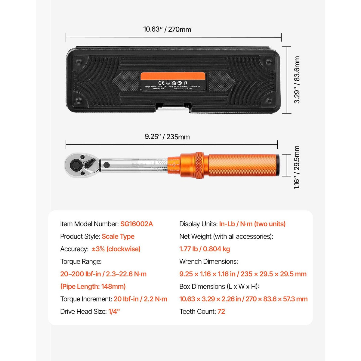 Click Torque Wrench Set, 1/4Inch Drive, 20-200lbf-in/2.3-22.6N.m, Dual-direction and Dual Range Scales, 72-Tooth, ±3% High Precision, with Bit Sockets, Extension Bar, for Bicycle Repair, Orange