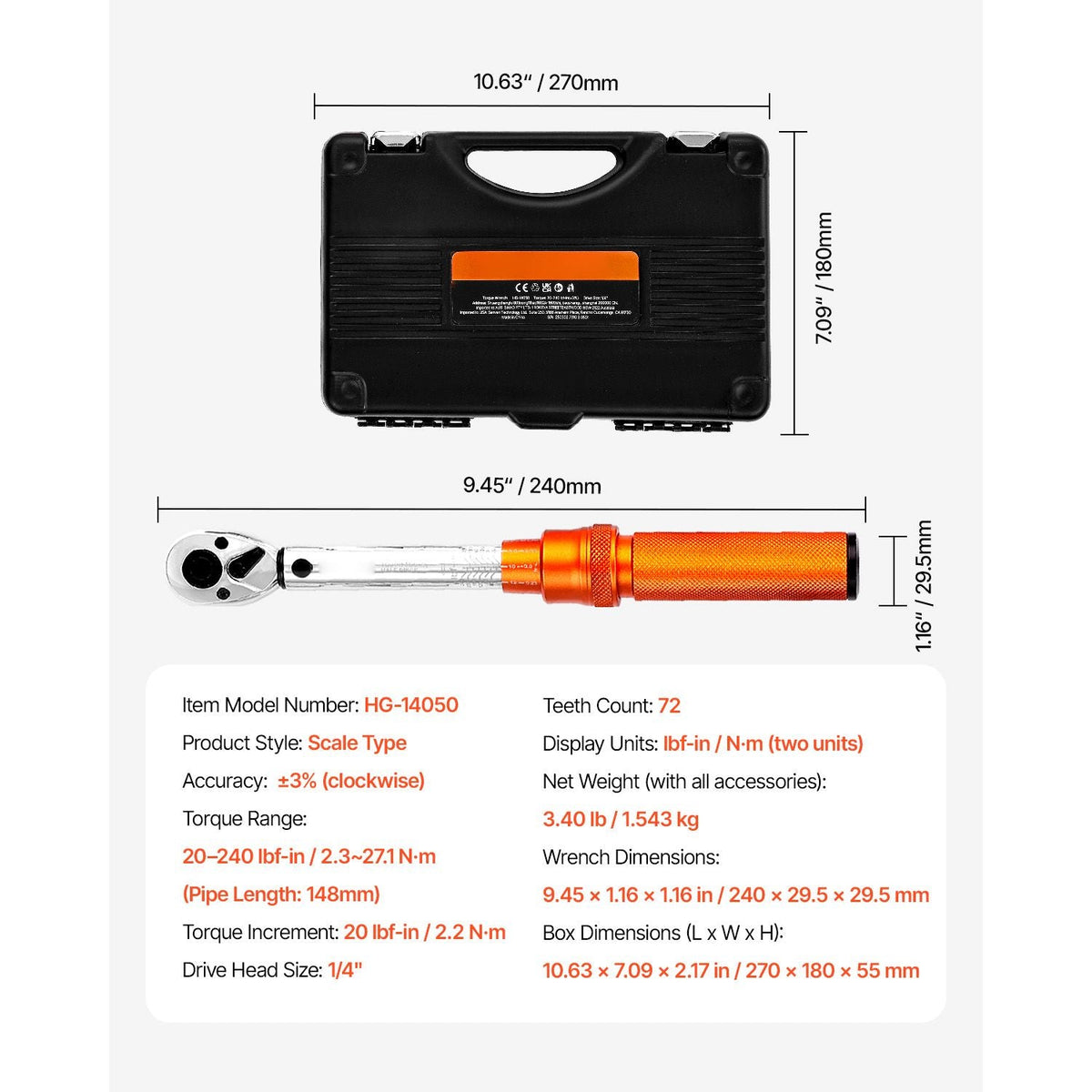 Click Torque Wrench Set, 1/4Inch Drive, 20-240 lbf-in / 2.3-27.1N.m, Dual-direction and Dual Range Scales, 72-Tooth, ±3% High Precision, with Bits, Sockets, Adapters, Extension Bar, Orange